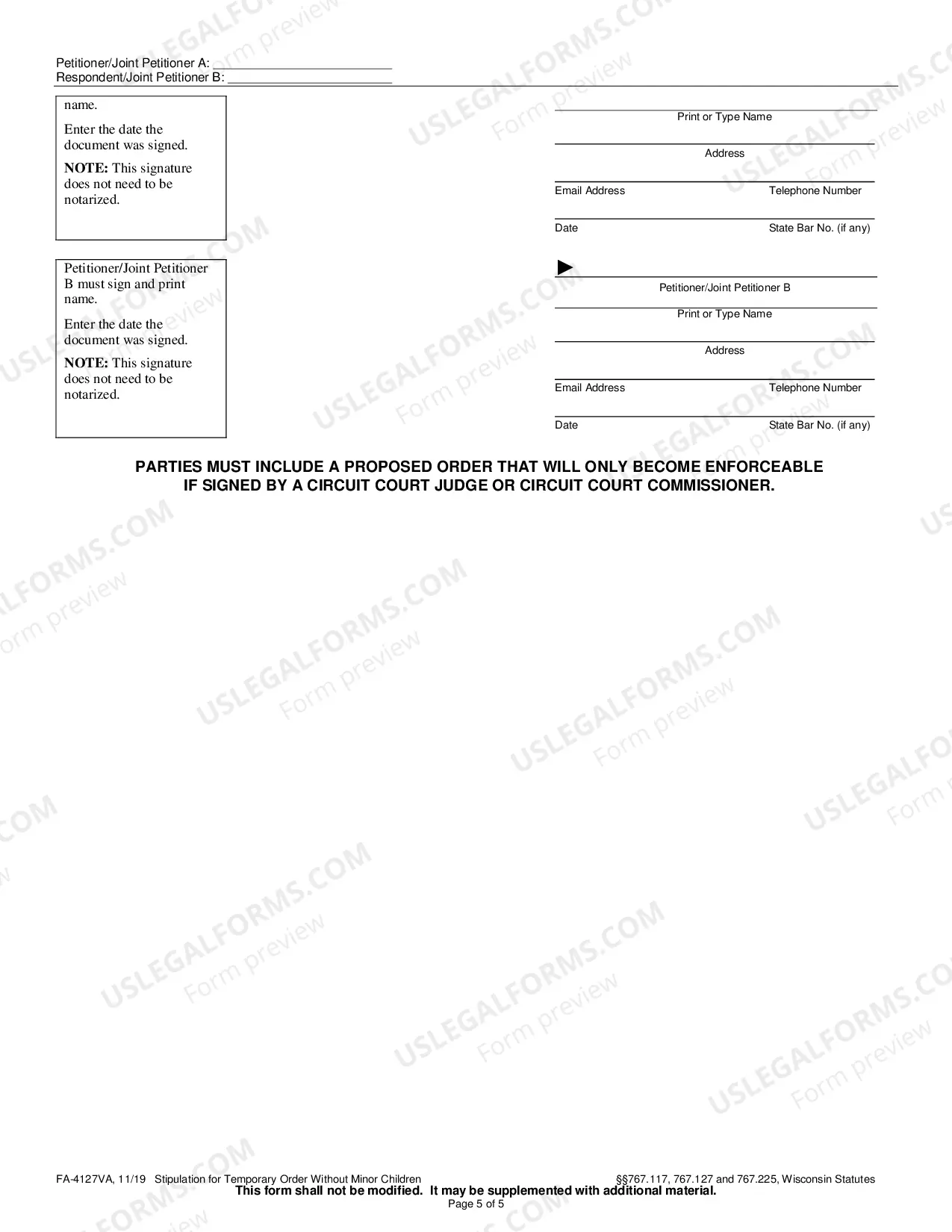 Preview FA-4127VA Stipulation for Temporary Order Without Minor Children