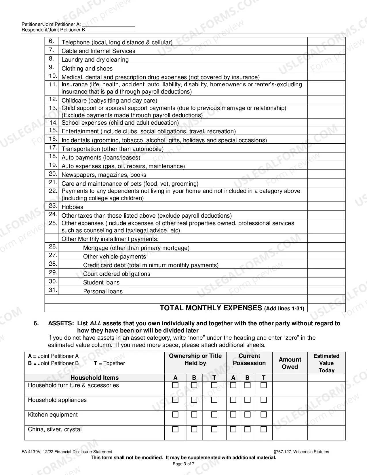 Preview FA-4139V Financial Disclosure Statement