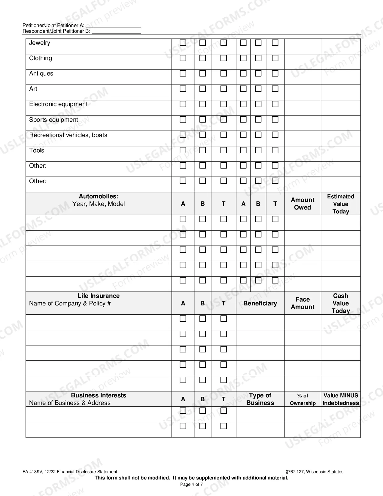Preview FA-4139V Financial Disclosure Statement