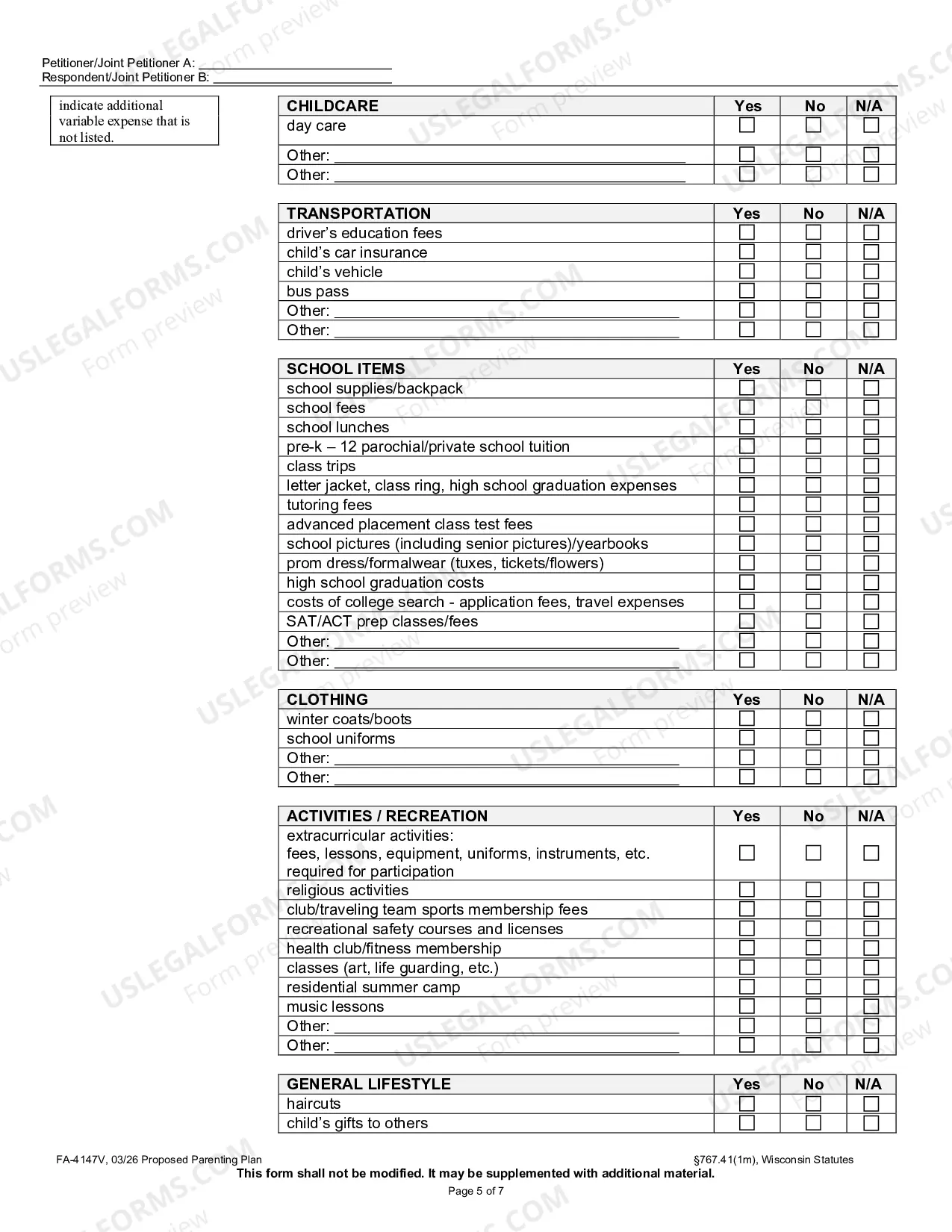 Preview FA-4147V Proposed Parenting Plan