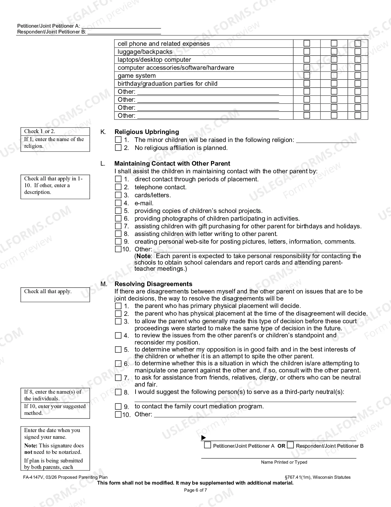 Preview FA-4147V Proposed Parenting Plan