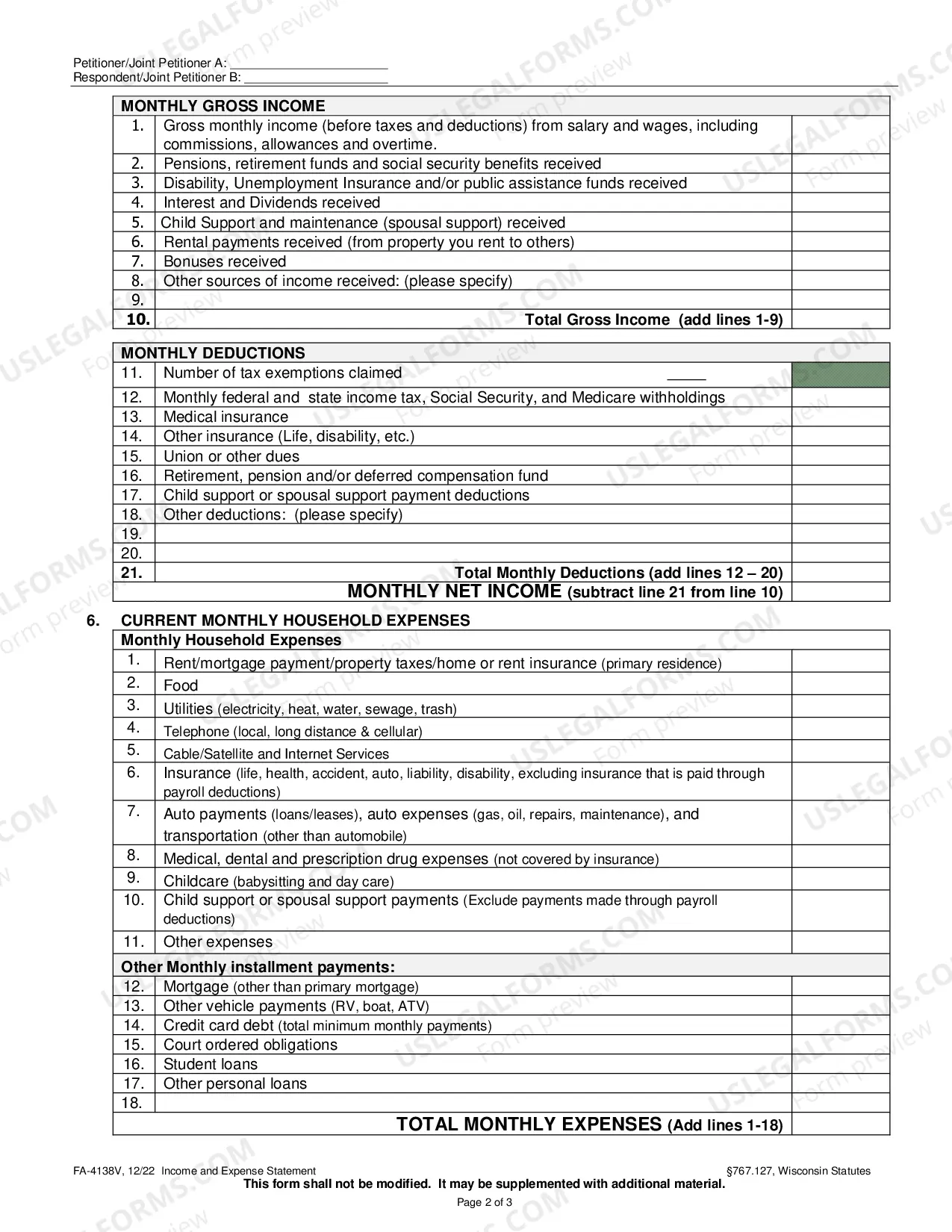 Preview FA-4138V Income & Expense Statement