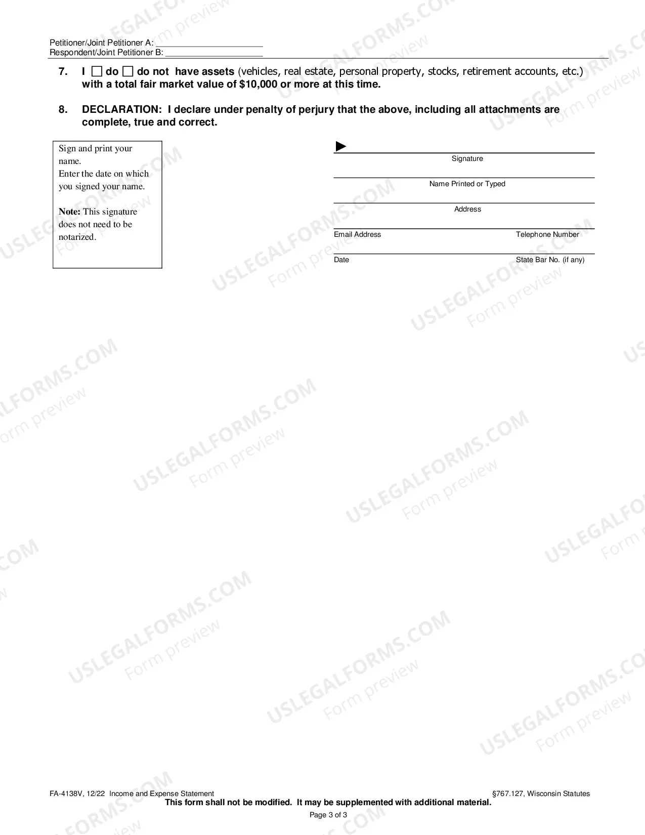 Preview FA-4138V Income & Expense Statement