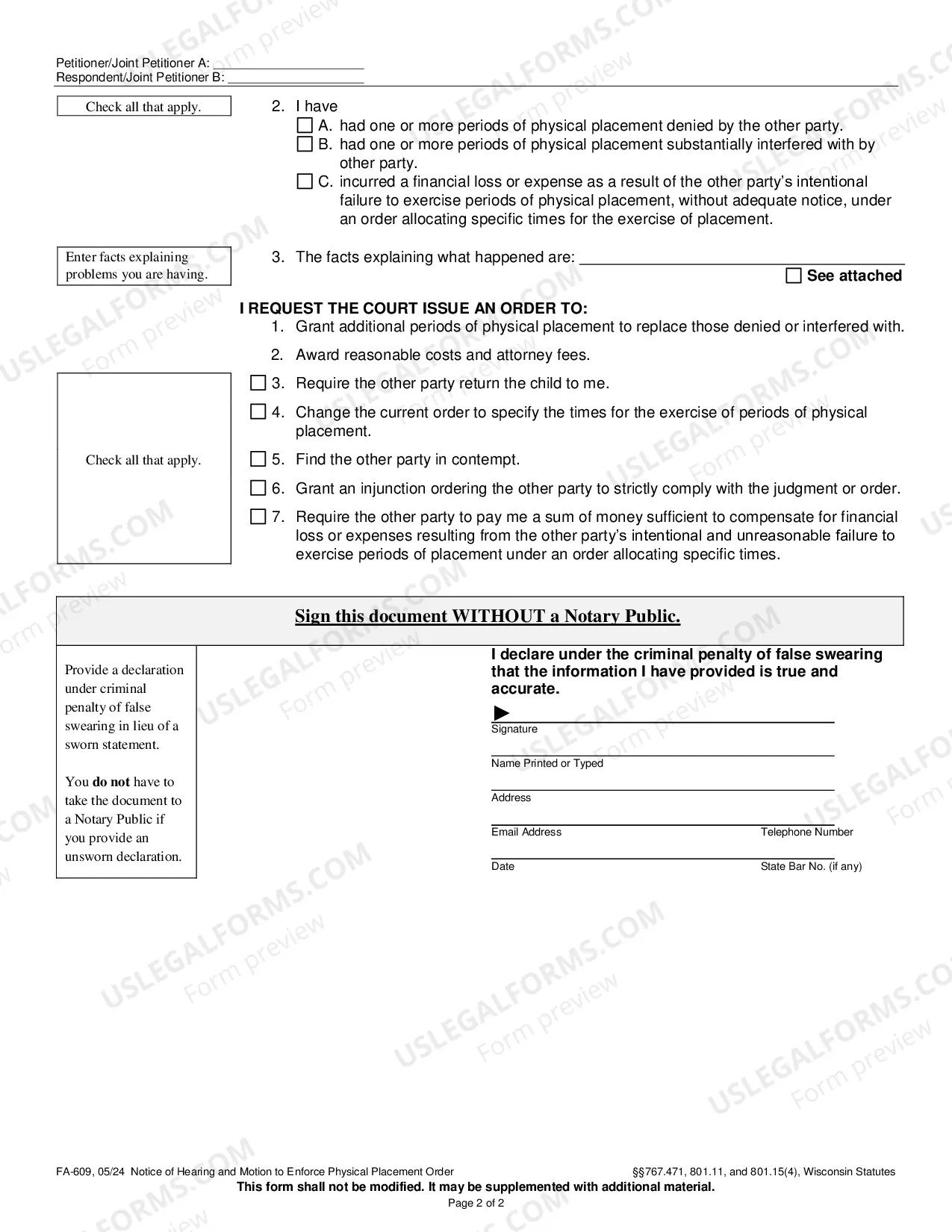 Preview FA-609 Petition to Enforce Physical Placement
