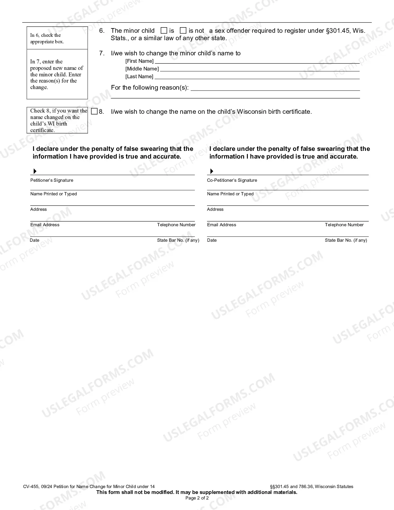 Preview CV-455 Petition for Name Change (Minor Child under age 14)