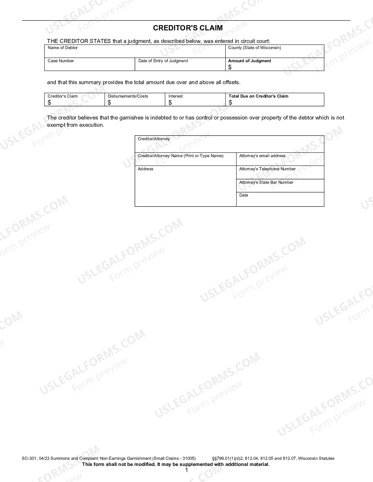 Preview SC-301 Small Claims Non-Earnings Garnishment Summons and Complaint