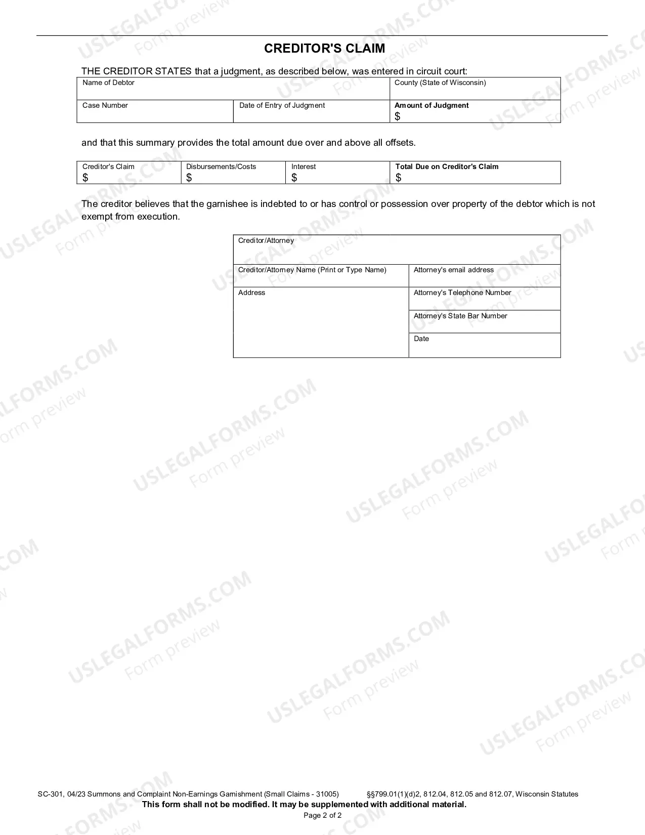 Preview SC-301 Small Claims Non-Earnings Garnishment Summons and Complaint