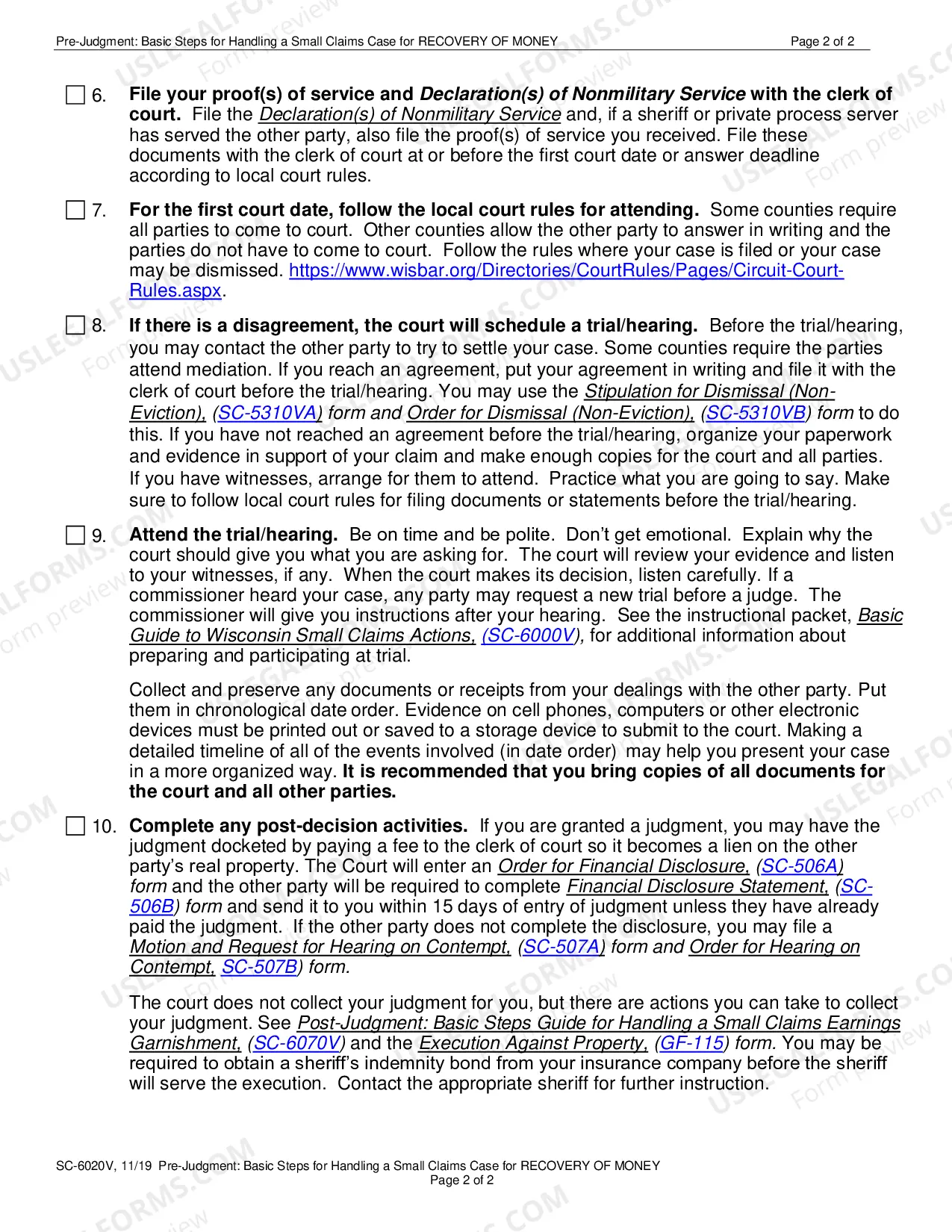 Preview SC-6020V: Pre-Judgment: Basic Steps for Handling a Small Claims Case for Recovery of Money ($10,000 or less)
