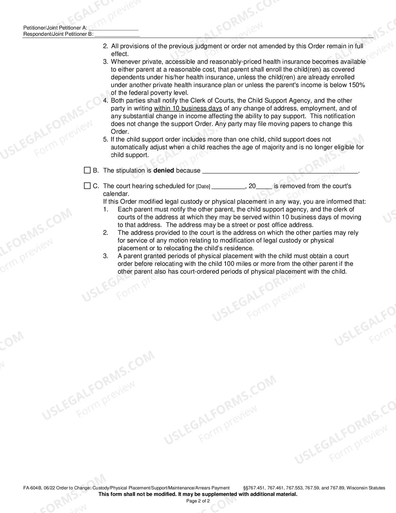 Preview Order on Stipulation to Change: Custody/Placement/Support/Maintenance/Arrears