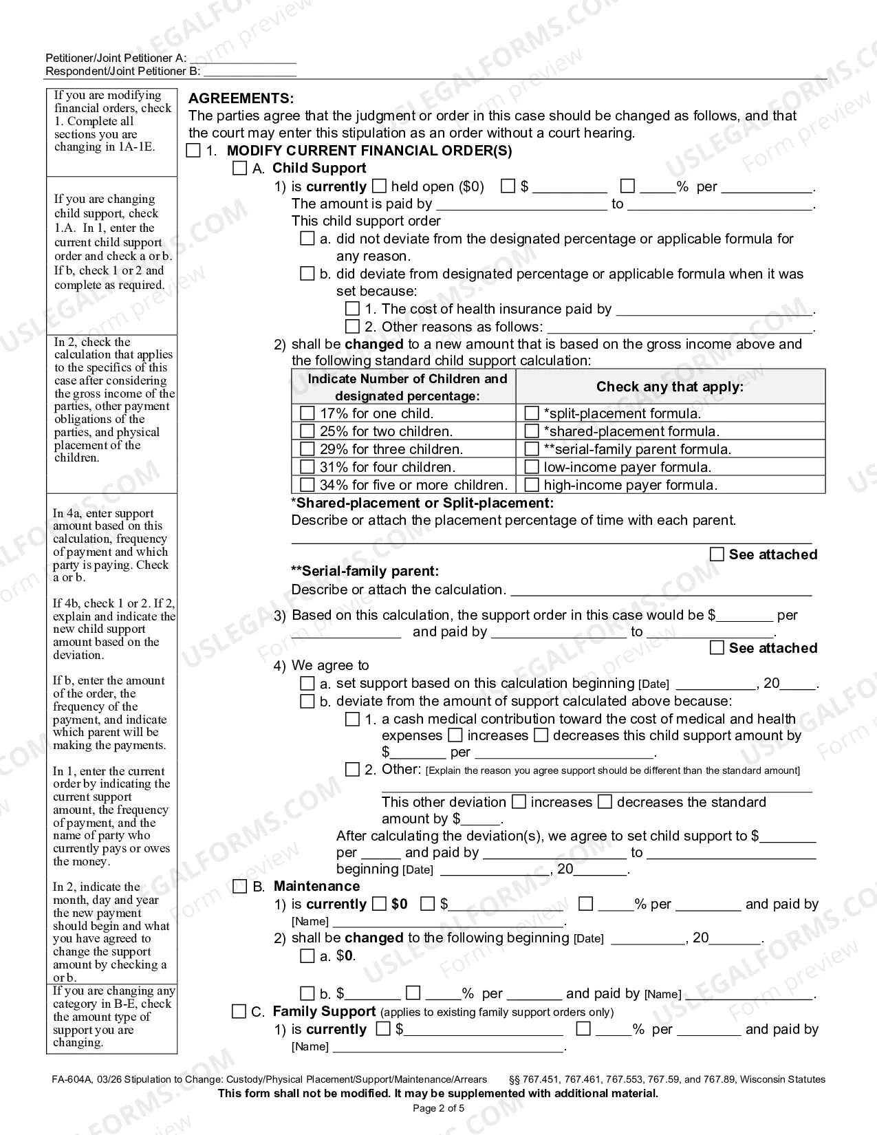 Preview Stipulation to Change: Custody/ Placement/Support/Maintenance/Arrears