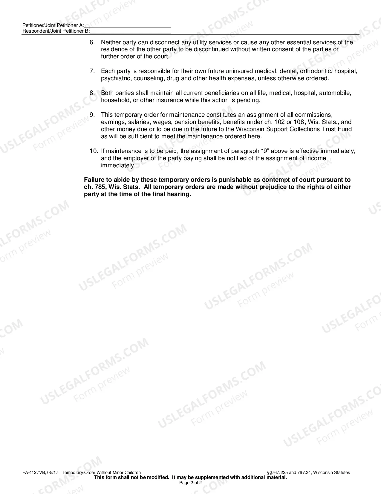 Preview Temporary Order without Minor Children
