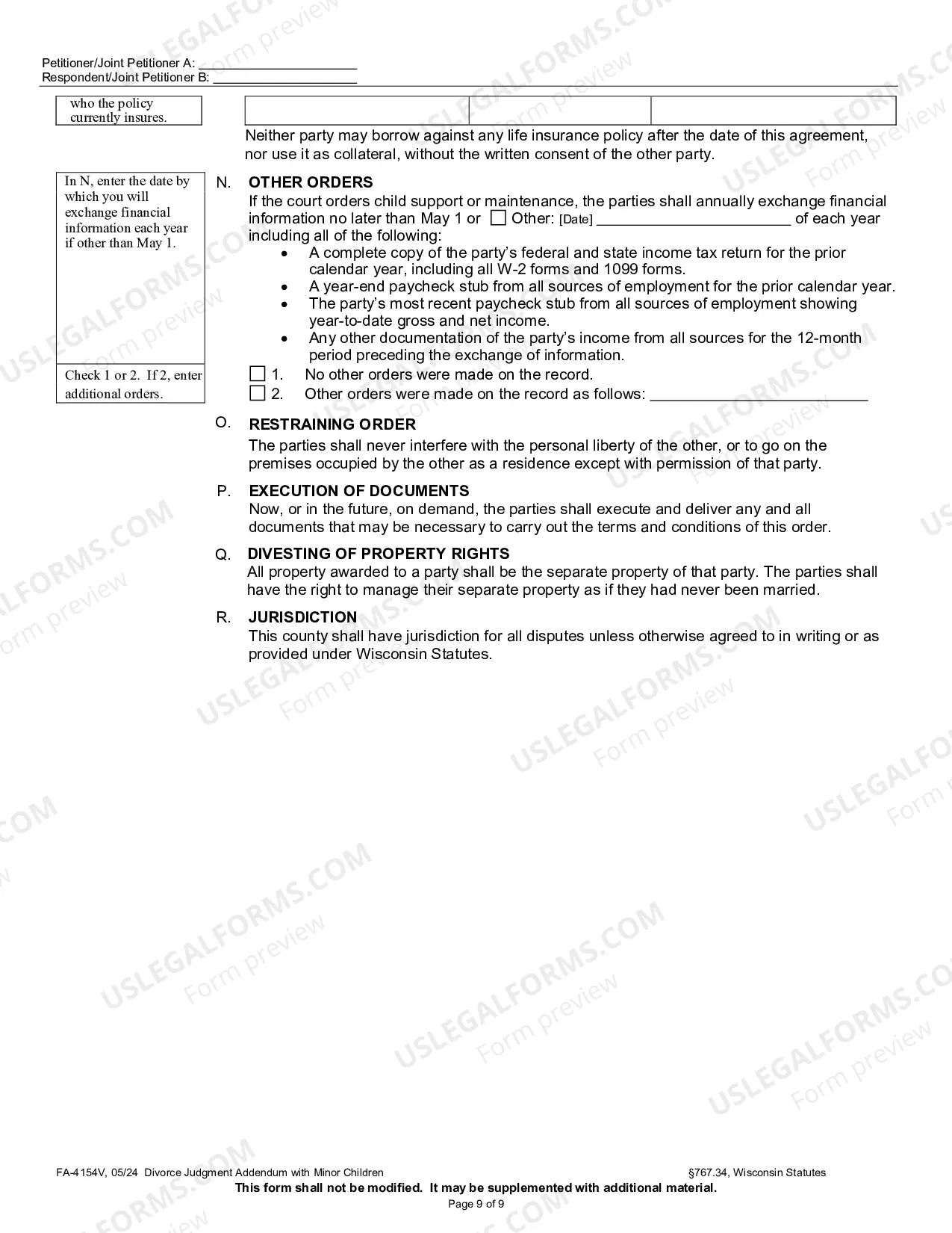Preview Divorce Judgment Addendum with Minor Children