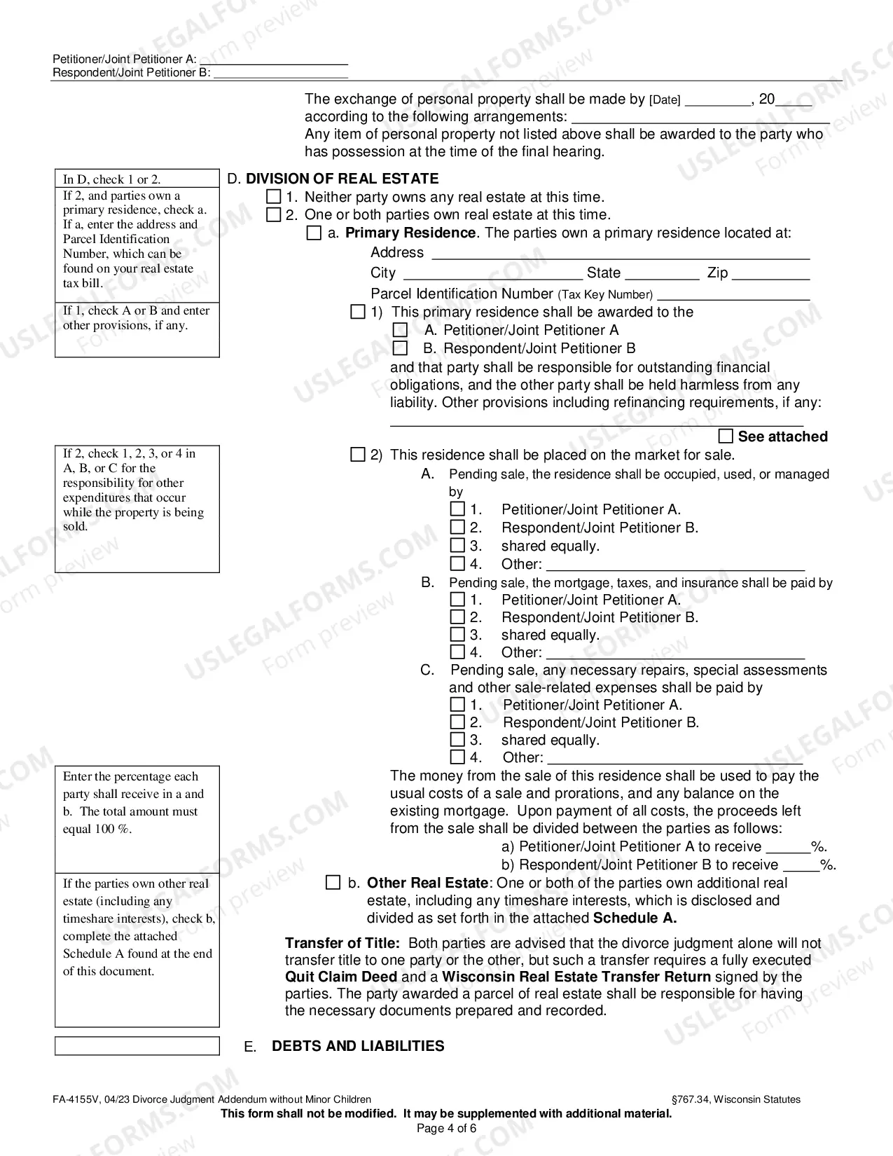 Preview Divorce Judgment Addendum without Minor Children