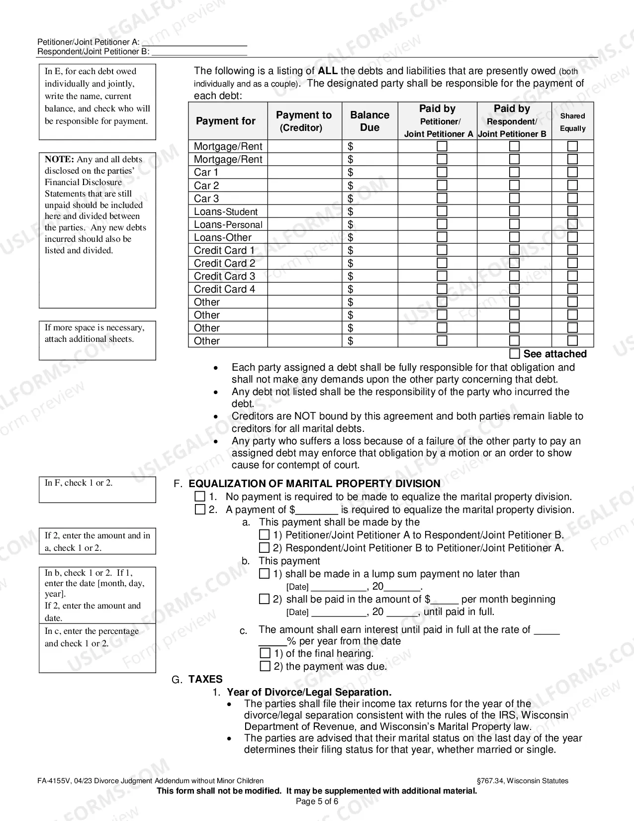 Preview Divorce Judgment Addendum without Minor Children