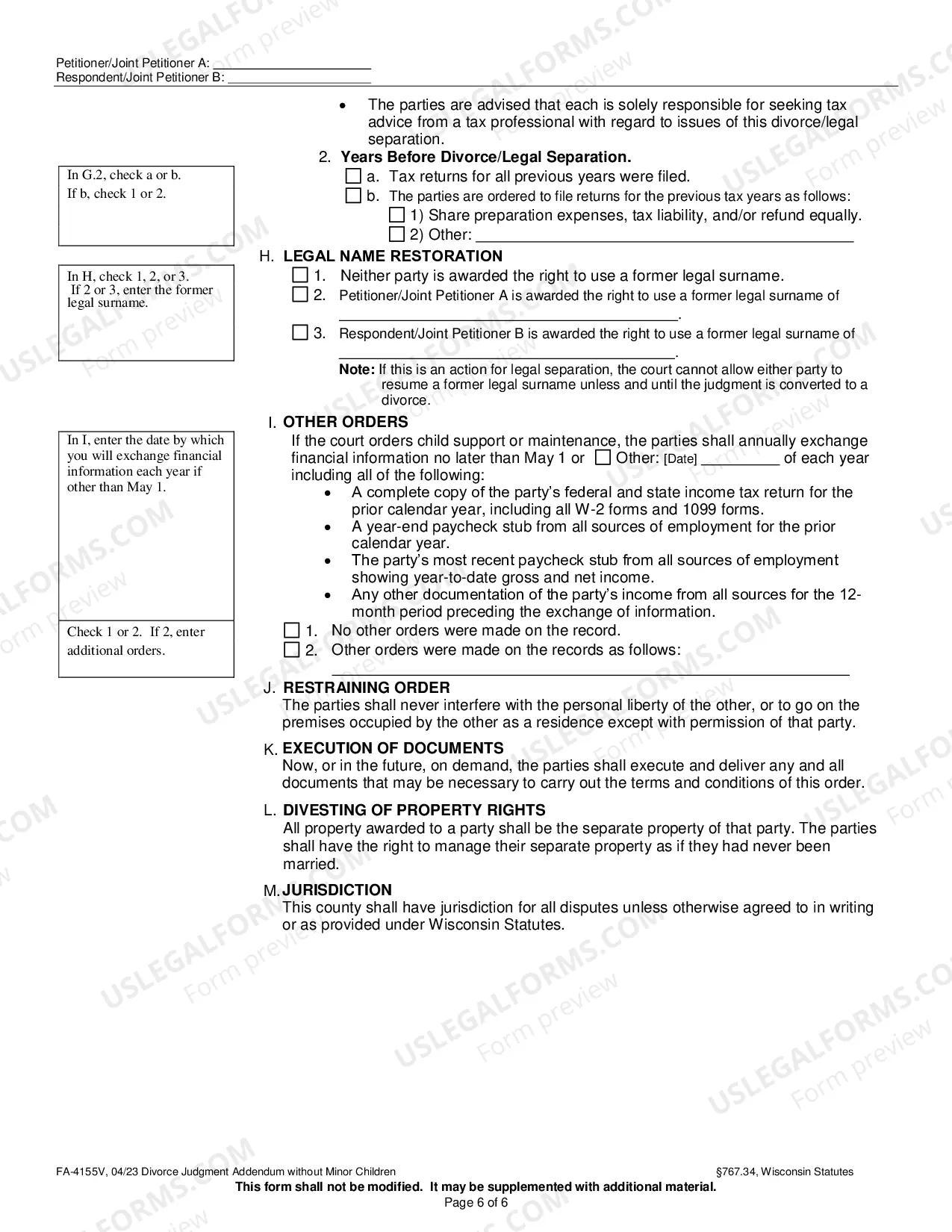Preview Divorce Judgment Addendum without Minor Children