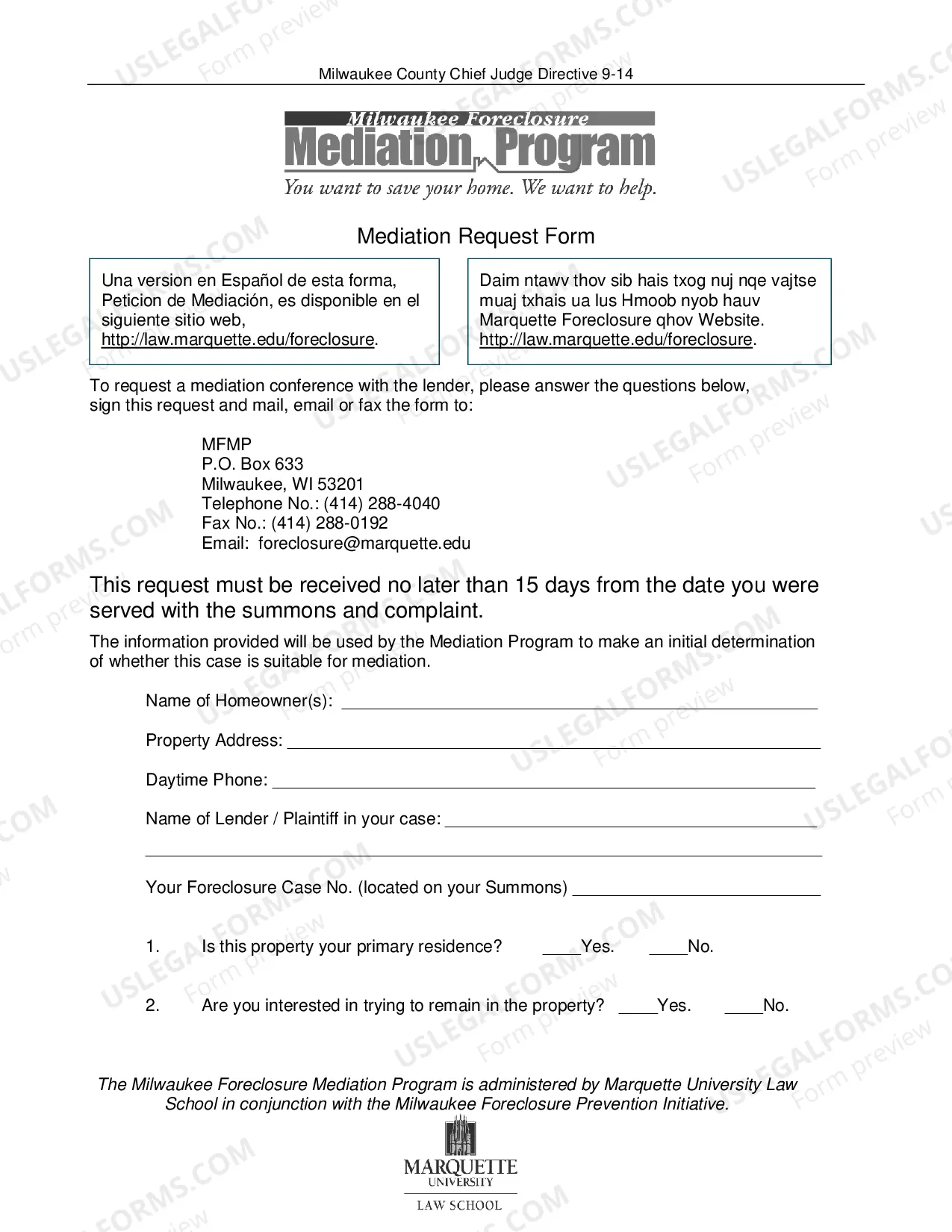 Preview Foreclosure Mediation Request Form(Milwaukee Clerk of Court)