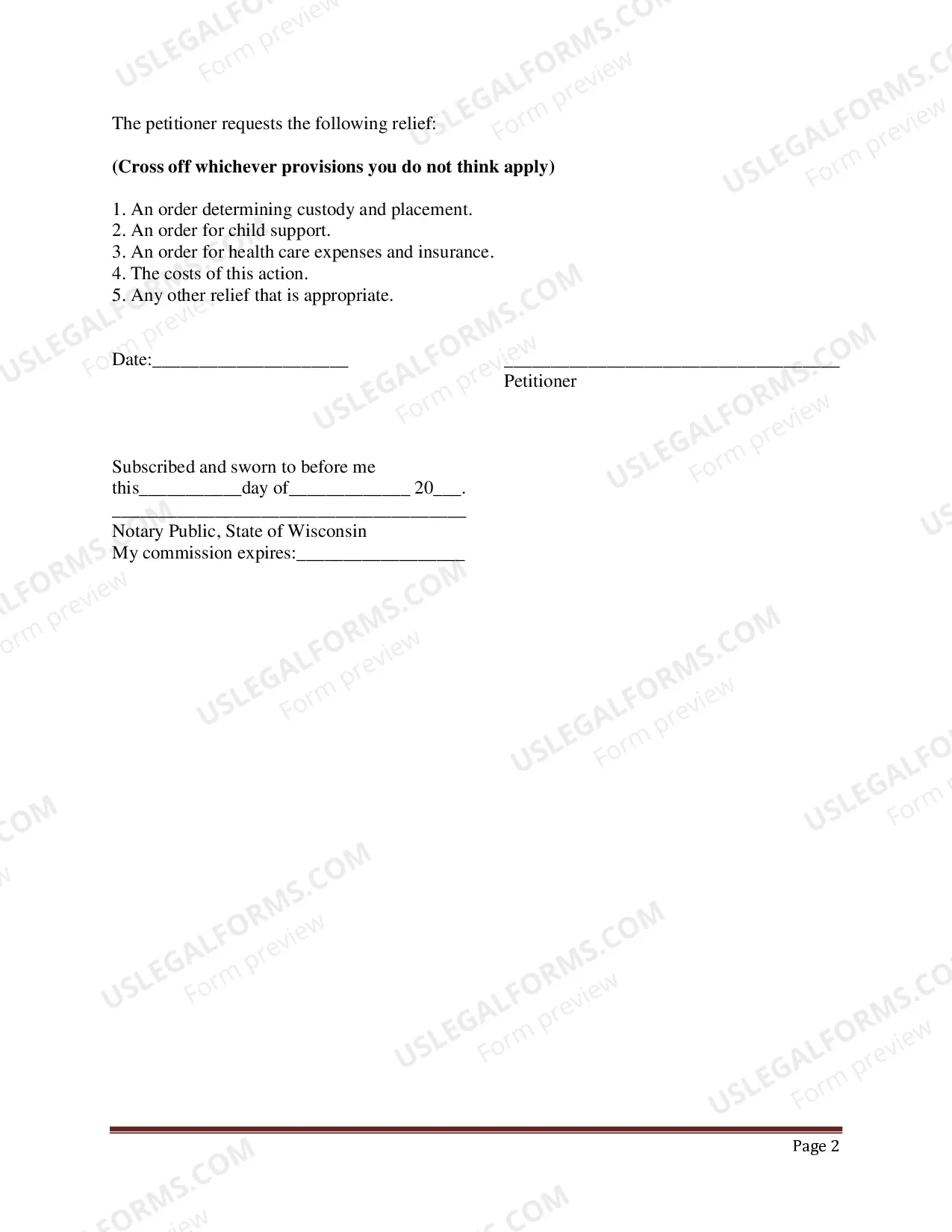 Preview Petition for Custody, Placement and Child Support