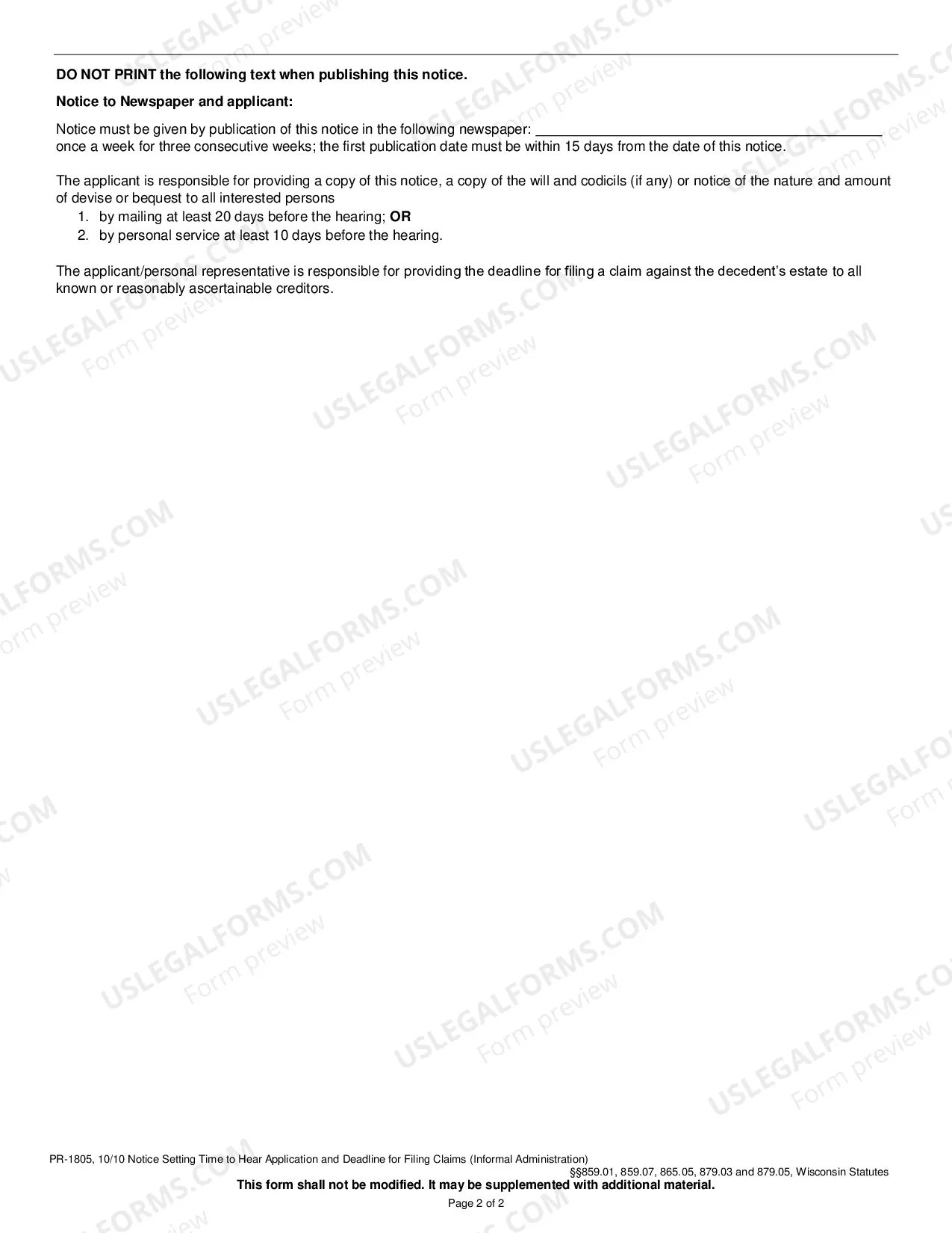 Preview Notice Setting Time to Hear Application and Deadline for Filing Claims (Informal Administration)