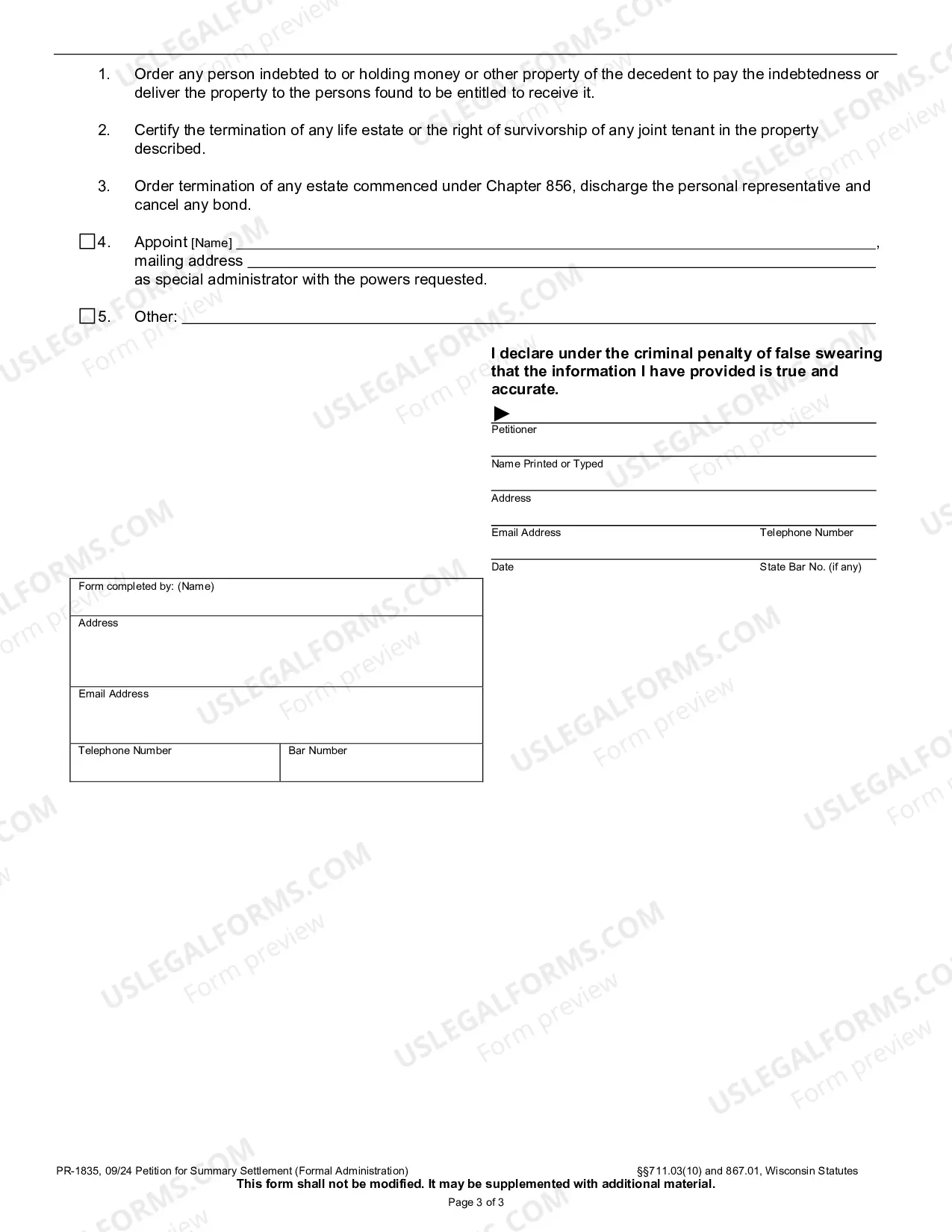 Preview Petition for Summary Settlement (Formal Administration)