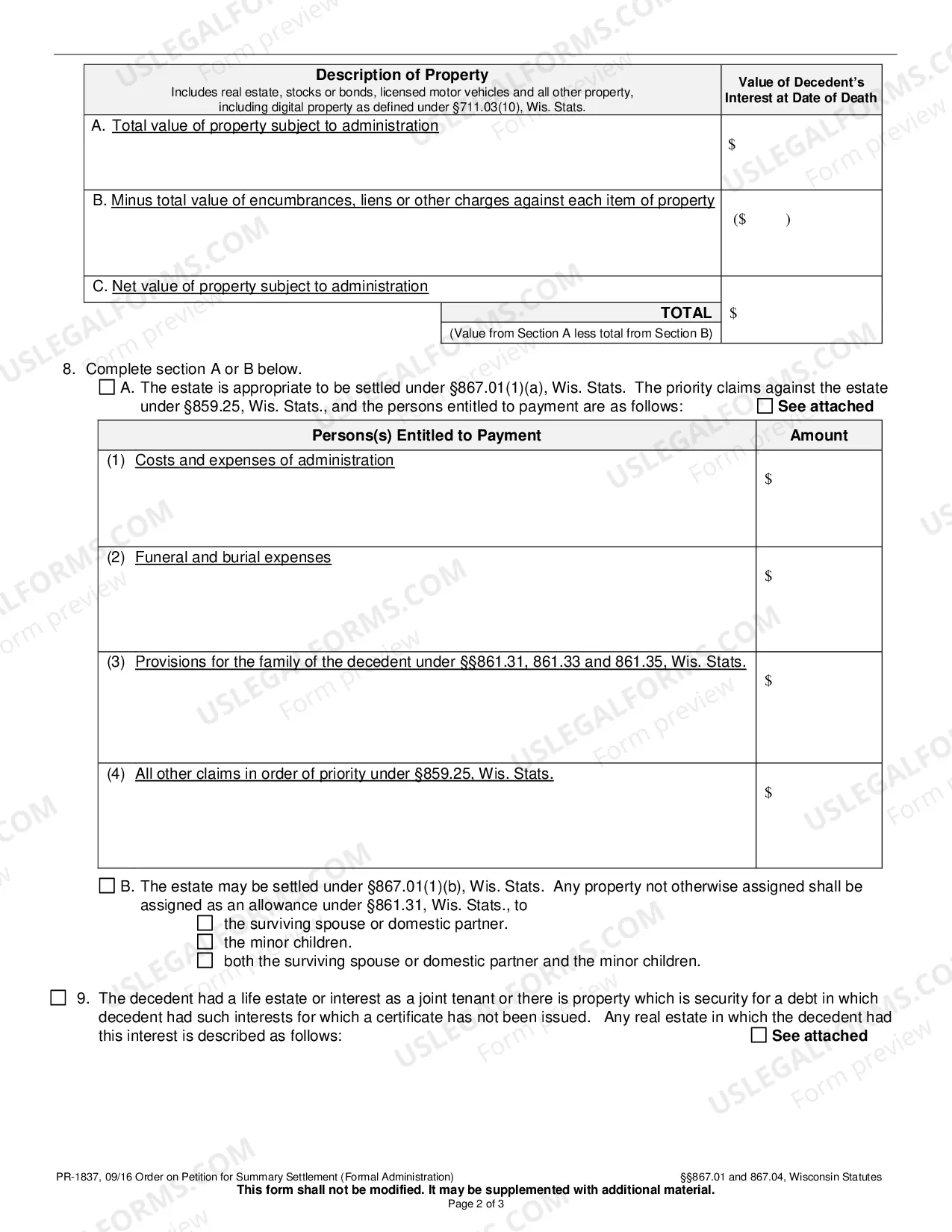 Preview Order on Petition for Summary Settlement (Formal Administration)