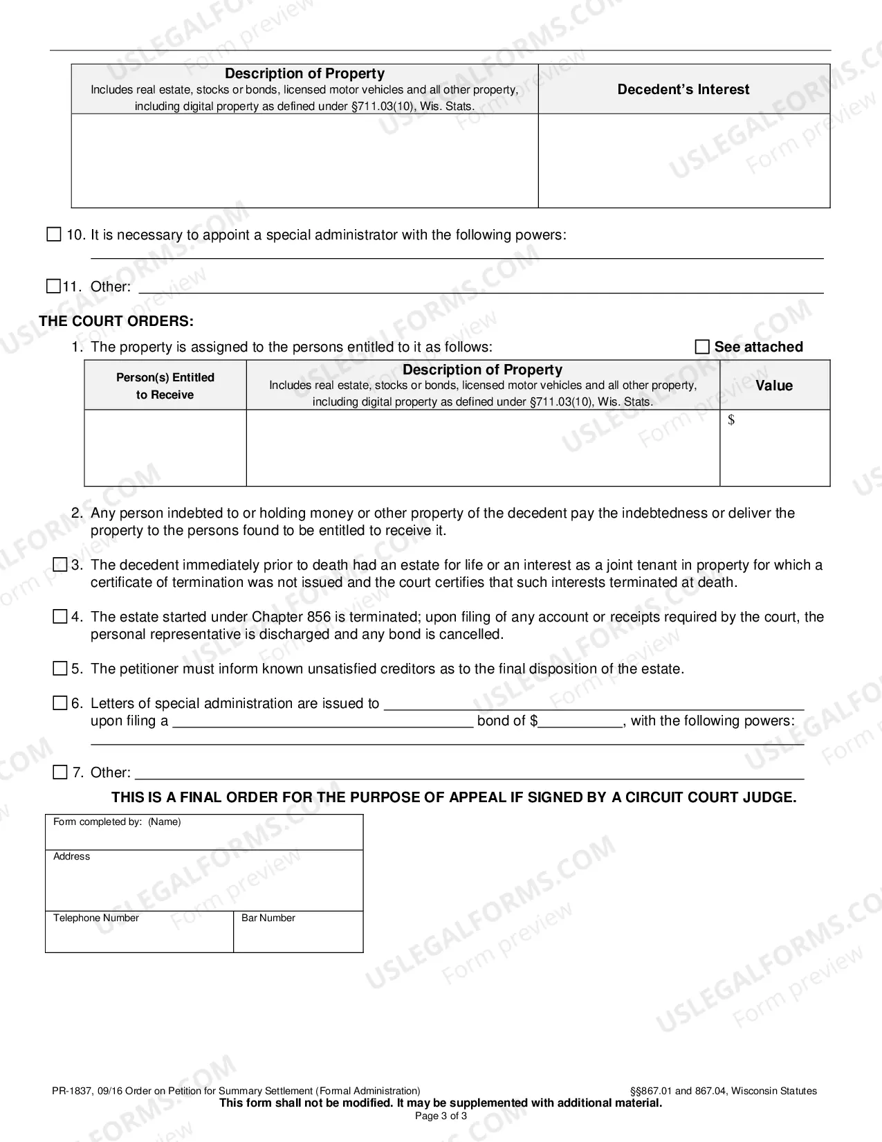 Preview Order on Petition for Summary Settlement (Formal Administration)