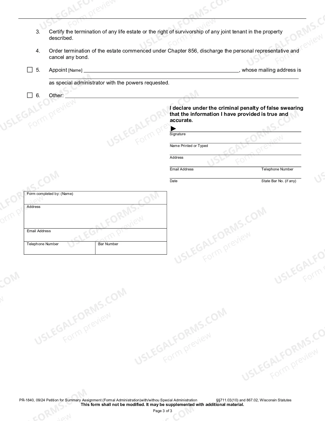 Preview Petition for Summary Assignment (Formal Administration)