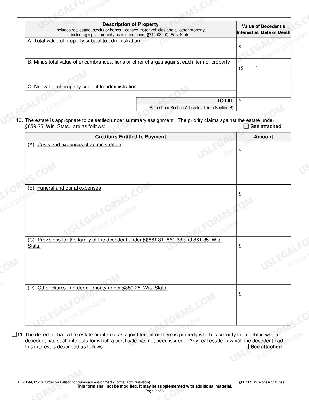 Preview Order on Petition for Summary Assignment (Formal Administration)