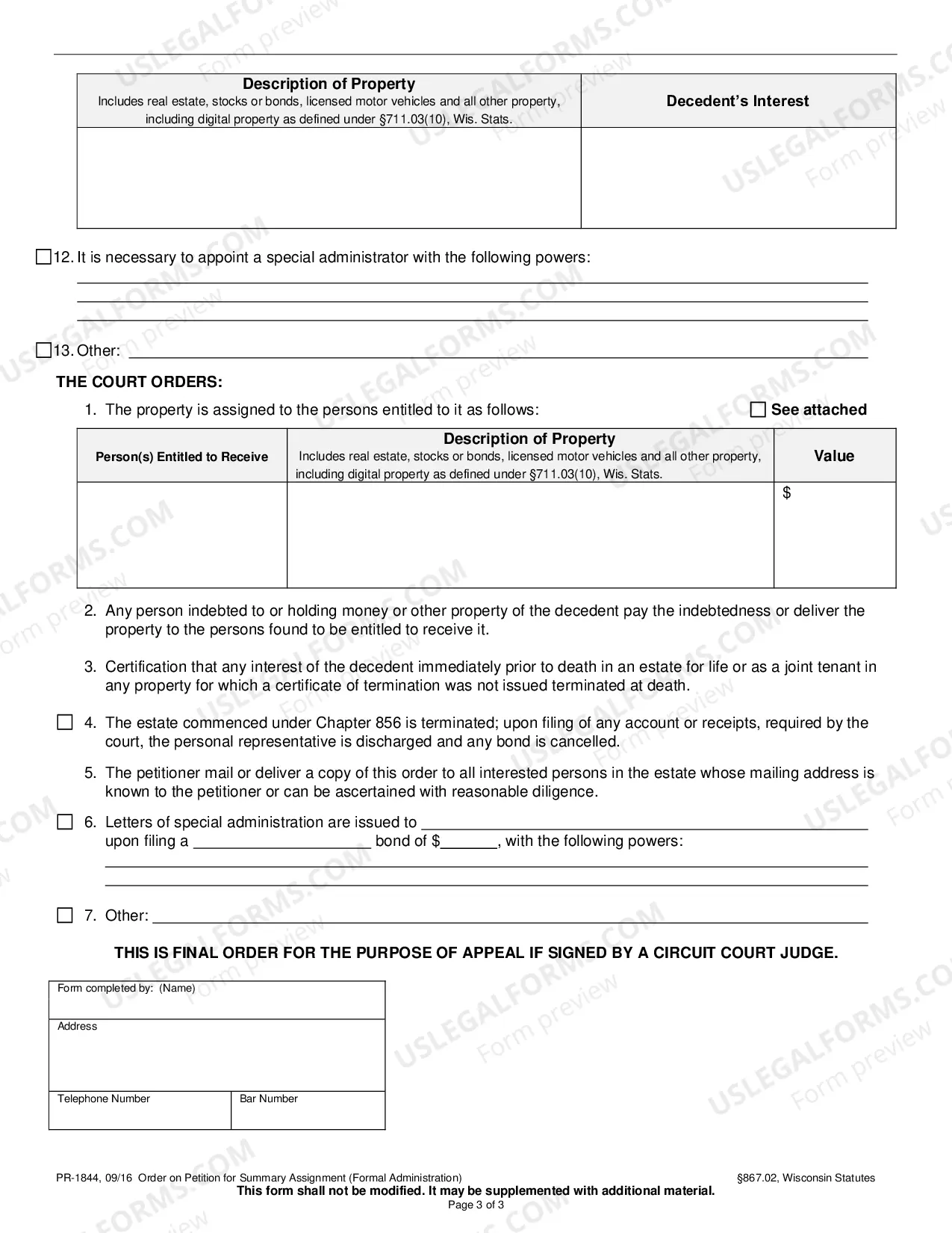 Preview Order on Petition for Summary Assignment (Formal Administration)