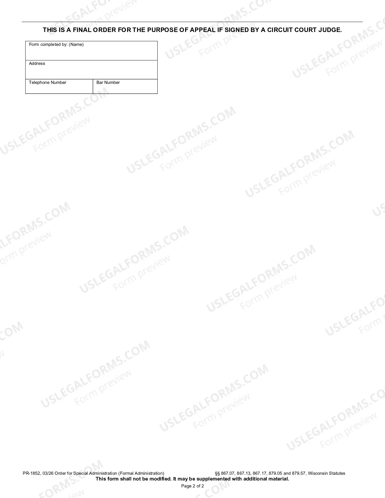 Preview Order for Special Administration (Formal Administration)