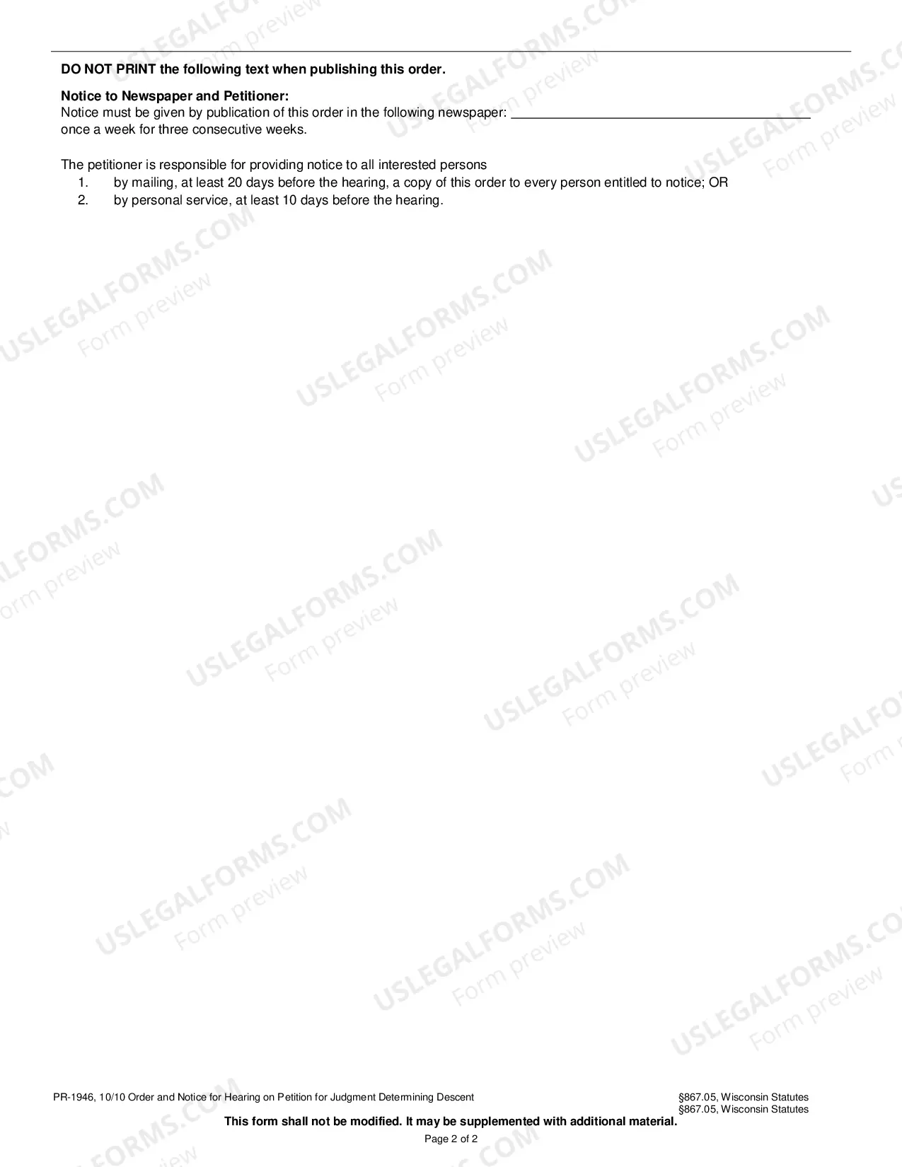 Preview Order and Notice for Hearing on Petition for Judgment Determining Descent