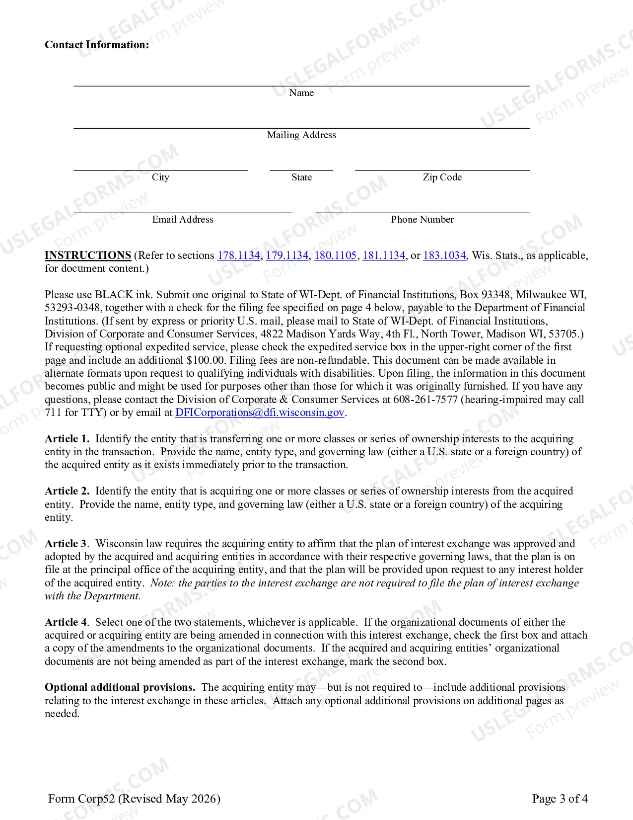 Preview Articles of Share or Interest Exchange