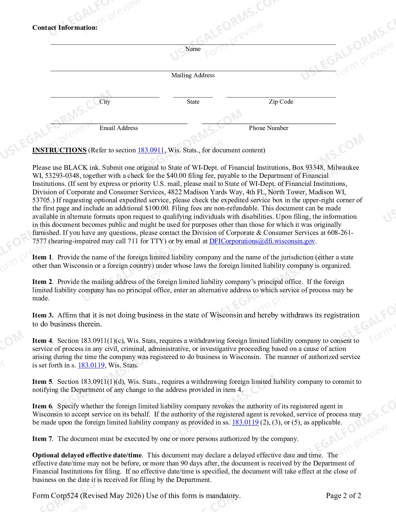 Preview Foreign Limited Liability Company Withdrawal Application