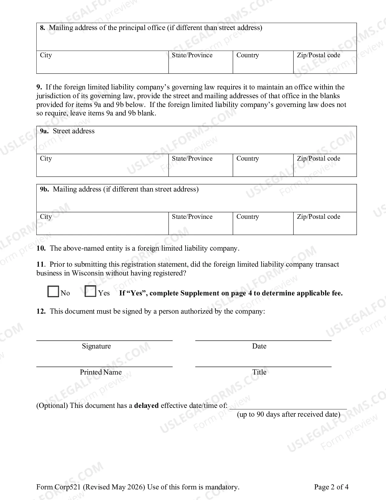 Preview Foreign Limited Liability Company-Certificate of Registration Application