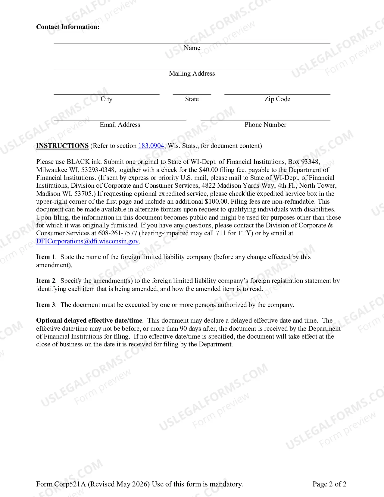 Preview Foreign Limited Liability Company Amended Certificate of Registration
