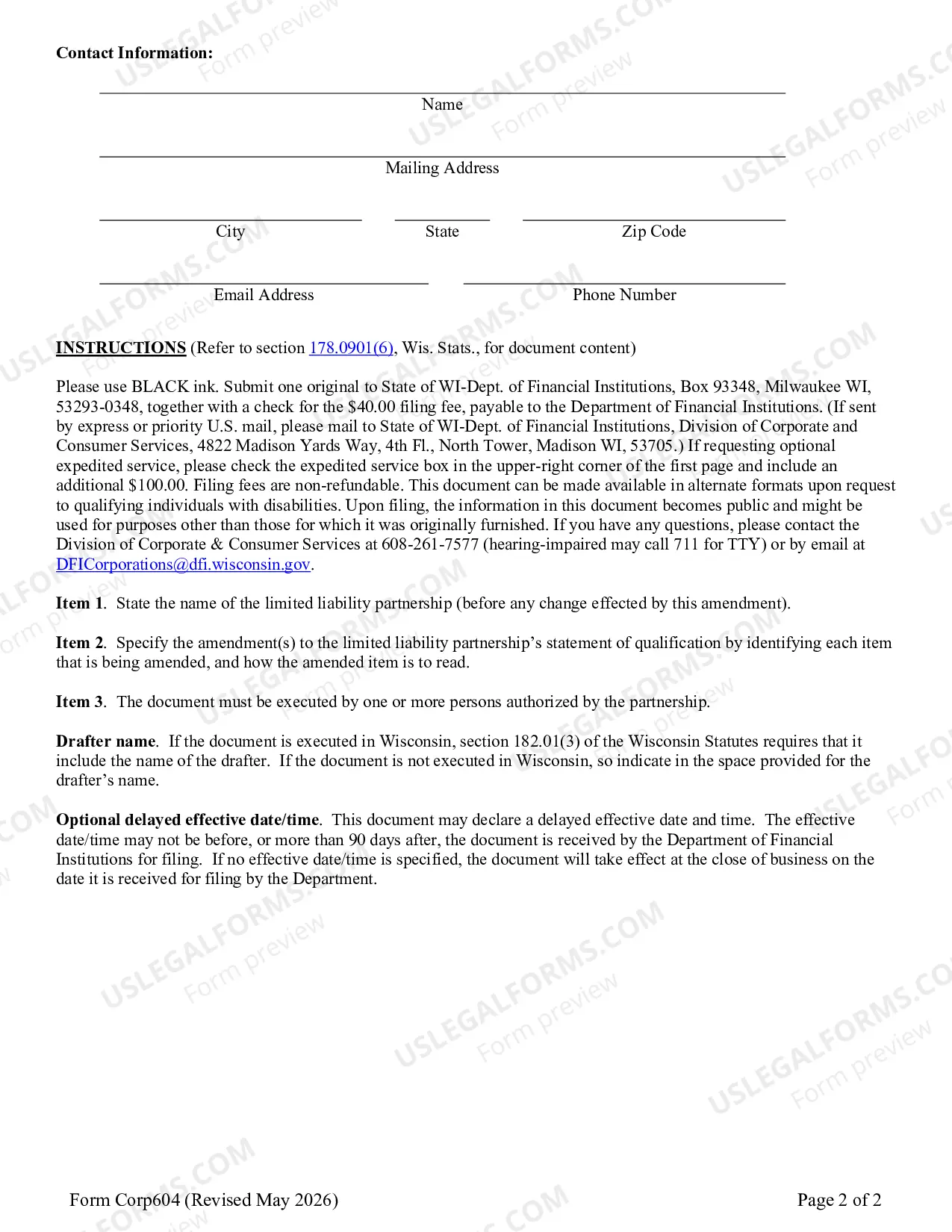 Preview Domestic Limited Liability Partnership Amendment to Statement of Qualification