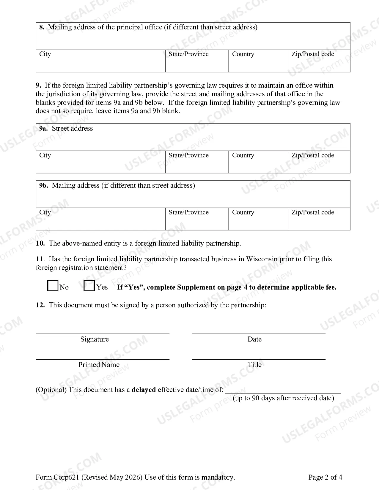 Preview Foreign Limited Liability Partnership Registration Statement
