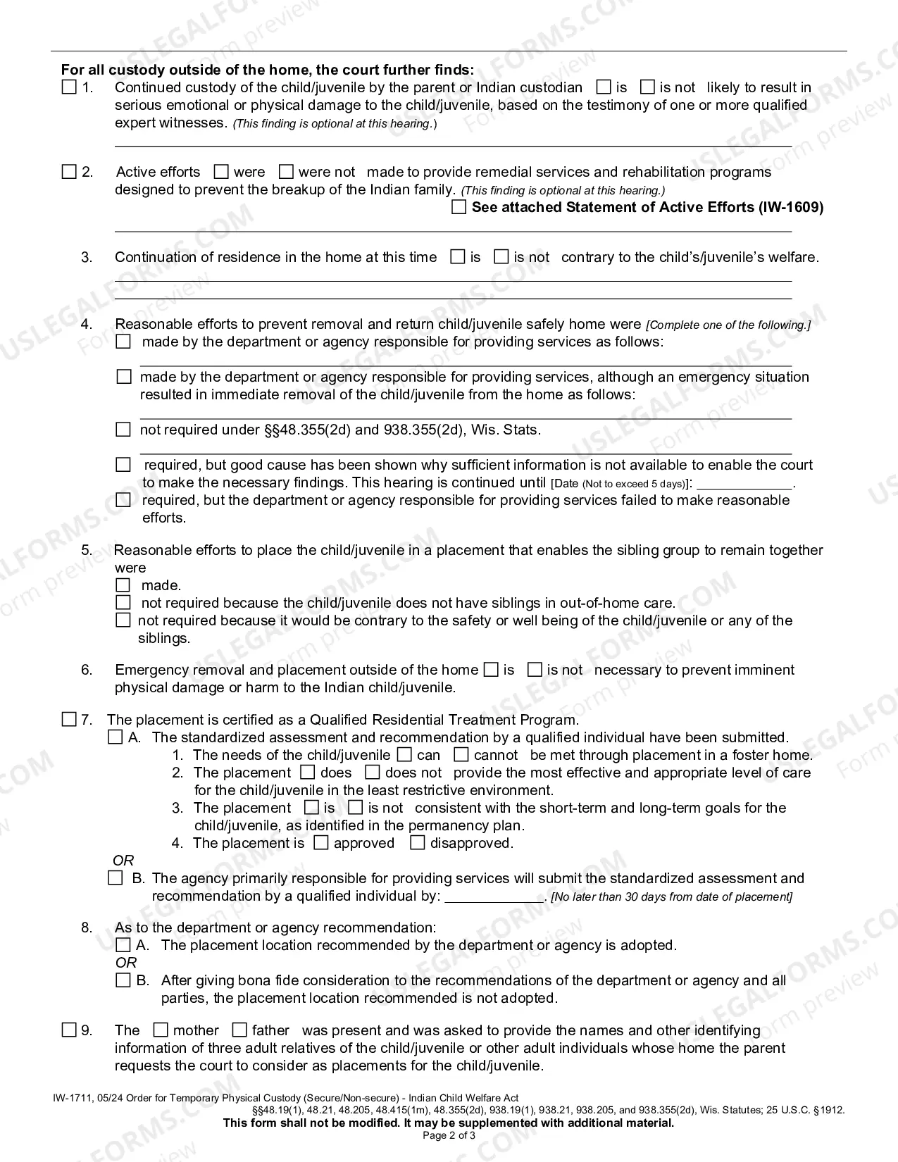Preview Order for Temporary Physical Custody (Secure/Nonsecure) - Indian Child Welfare Act