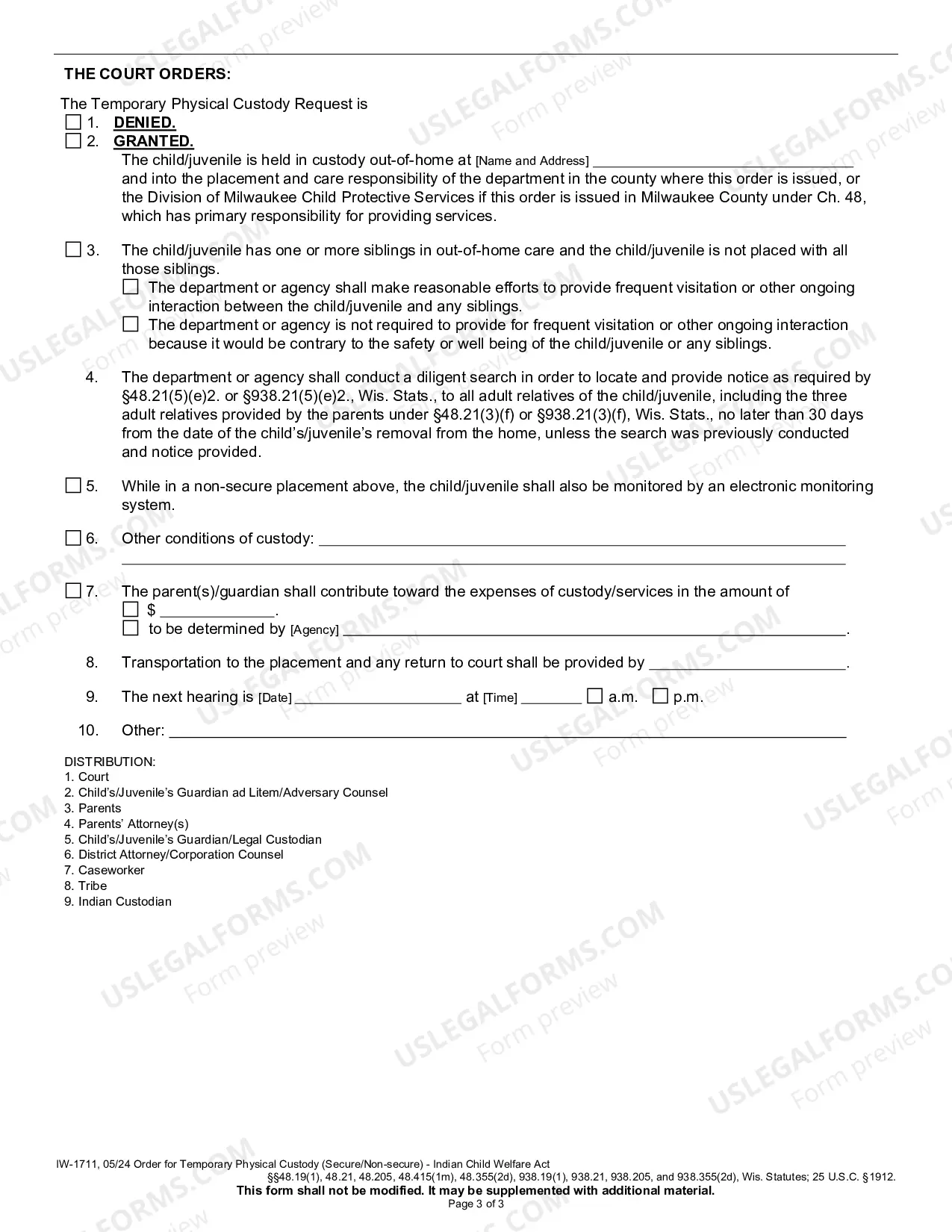 Preview Order for Temporary Physical Custody (Secure/Nonsecure) - Indian Child Welfare Act