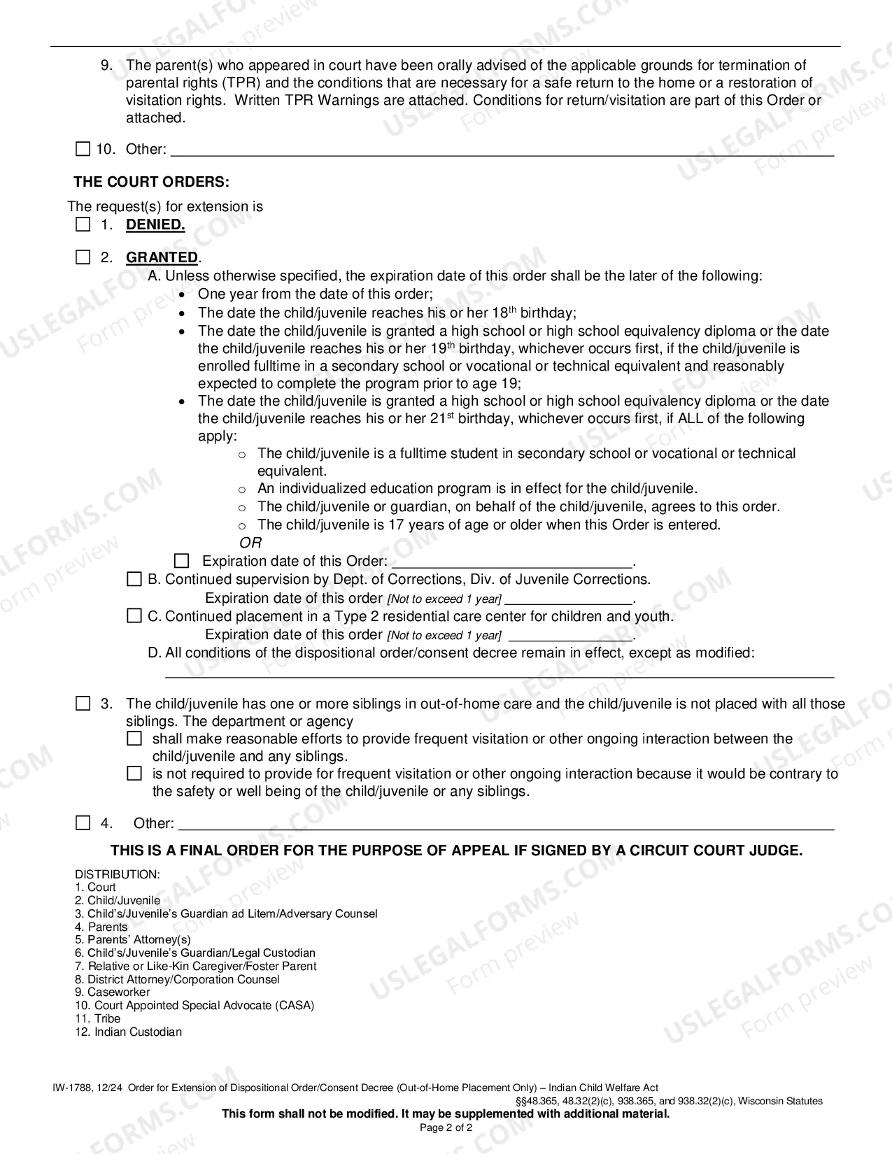 Preview Order for Extension of Dispositional Order/Consent Decree (Out-of-Home Placement Only) - Indian Child Welfare Act