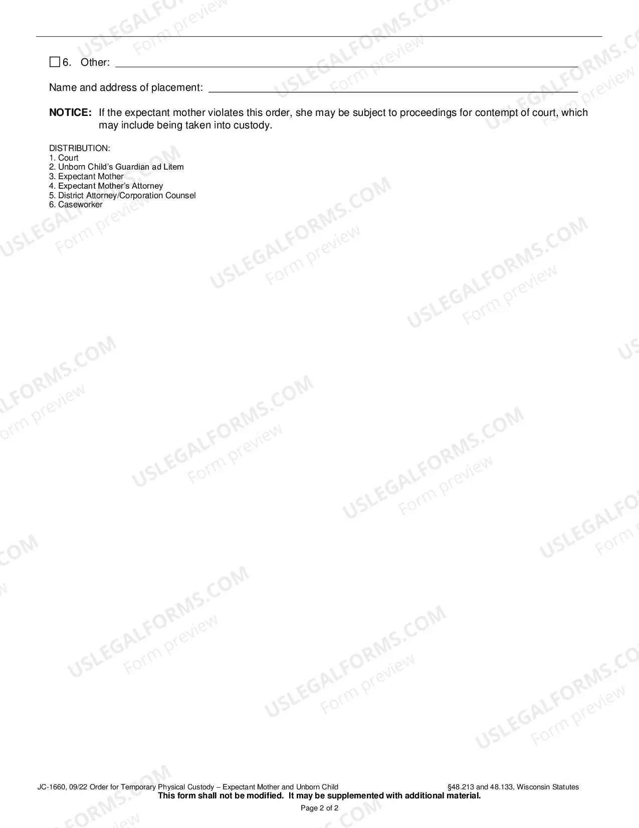 Preview Order for Temporary Physical Custody - Expectant Mother and Unborn Child