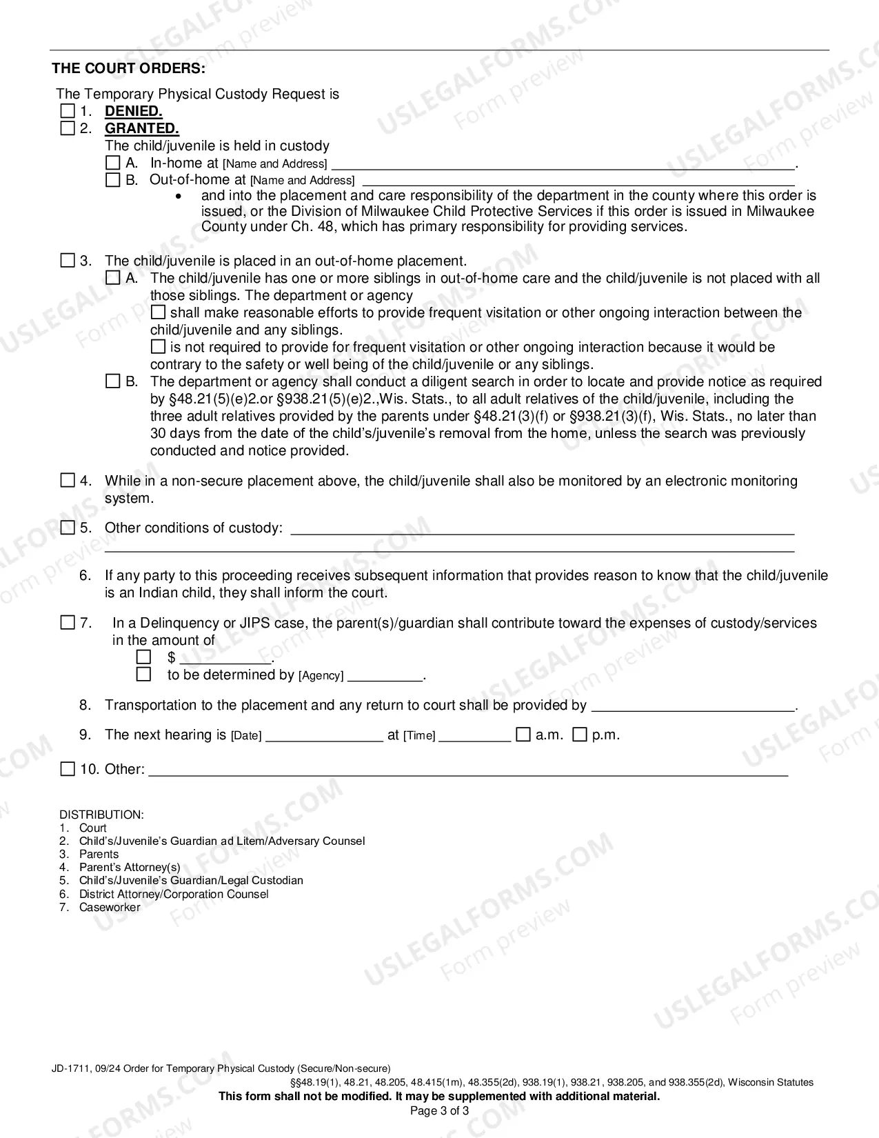 Preview Order for Temporary Physical Custody (Secure/Non-Secure)