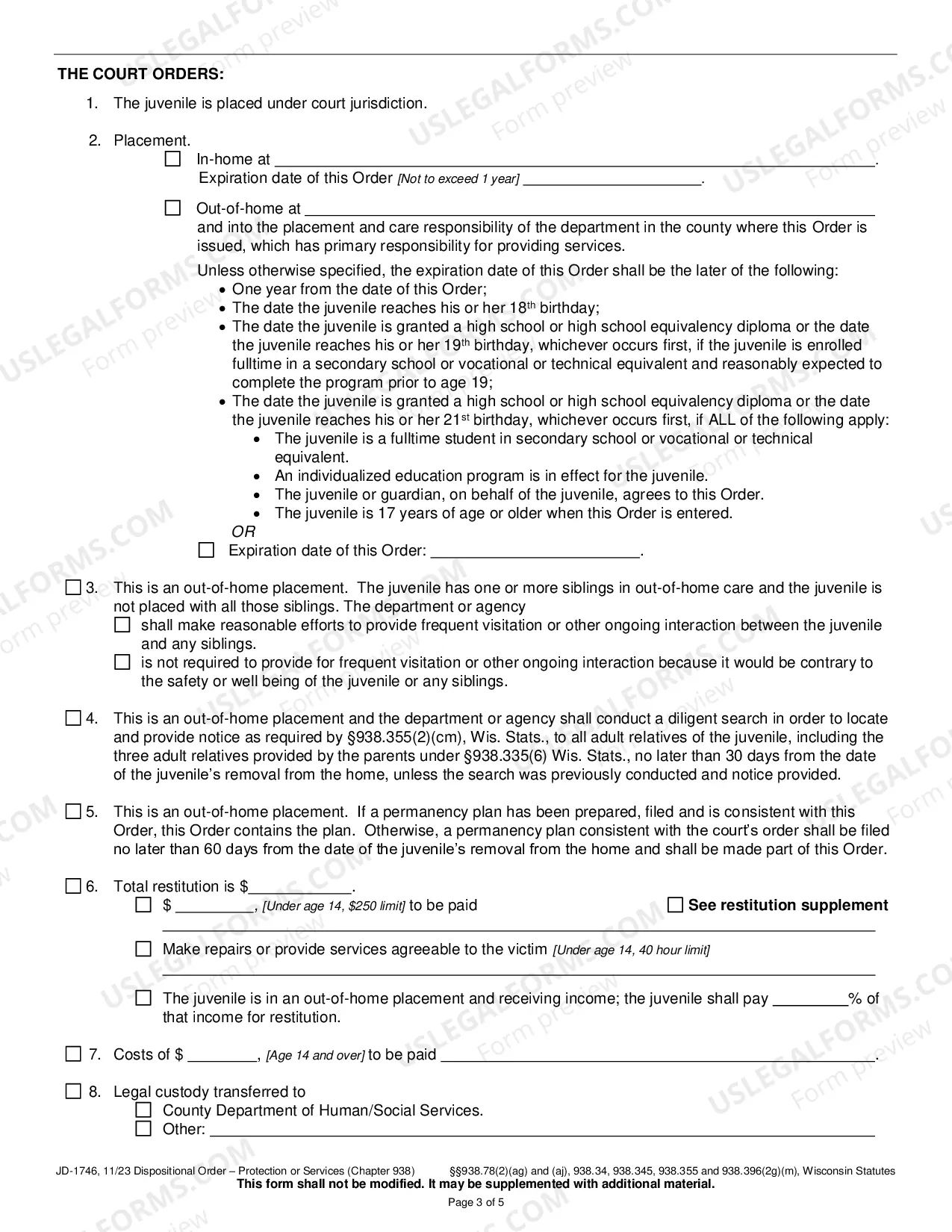 Preview Dispositional Order - Protection or Services (Chapter 938)