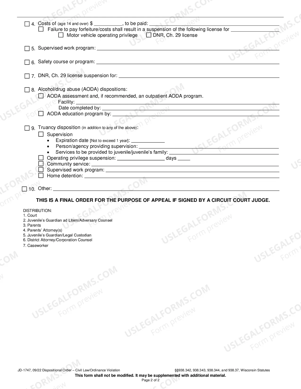 Preview Dispositional Order - Civil Law/Ordinance Violation