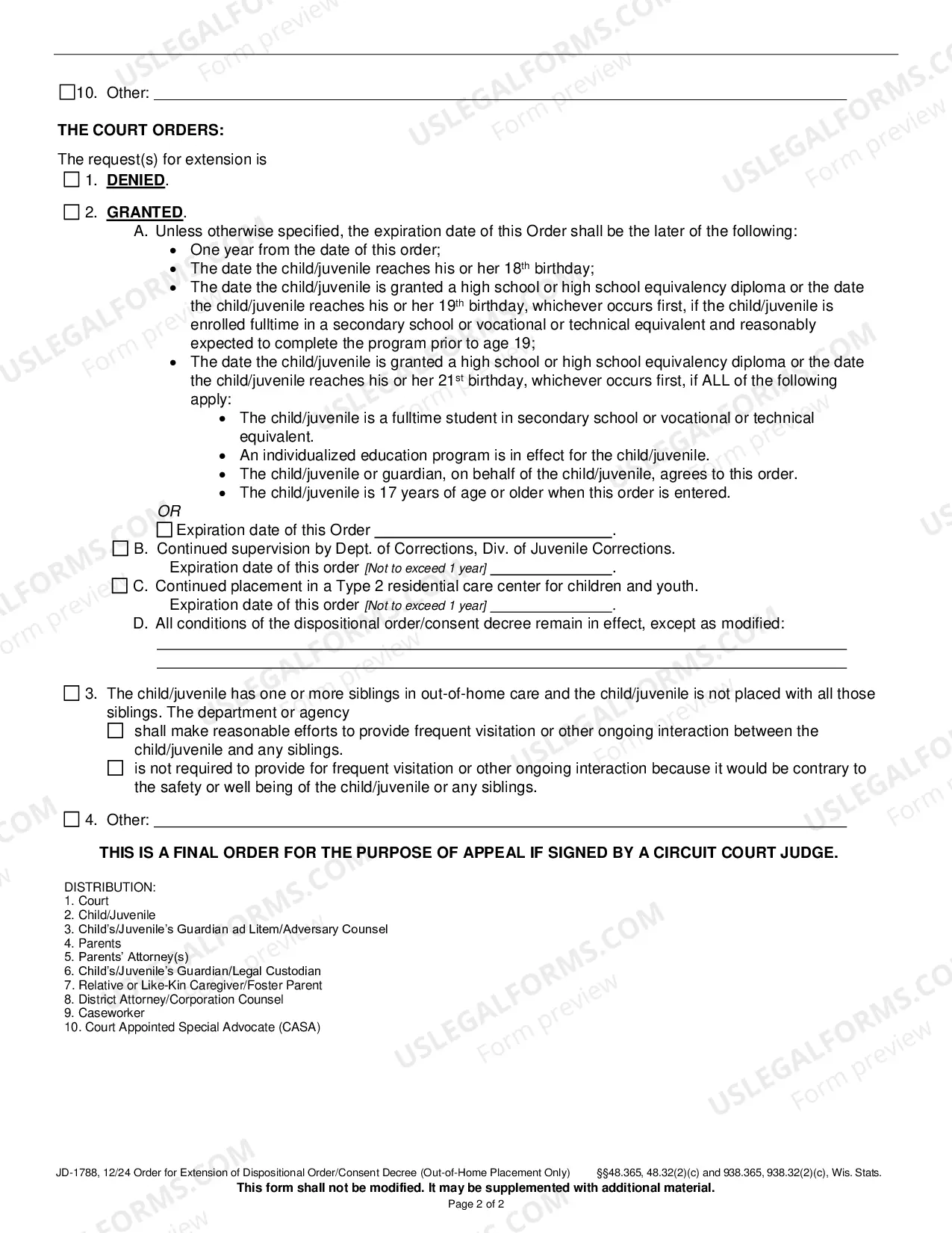 Preview Order for Extension of Dispositional Order or Consent Decree (Out-of-Home Placement Only)