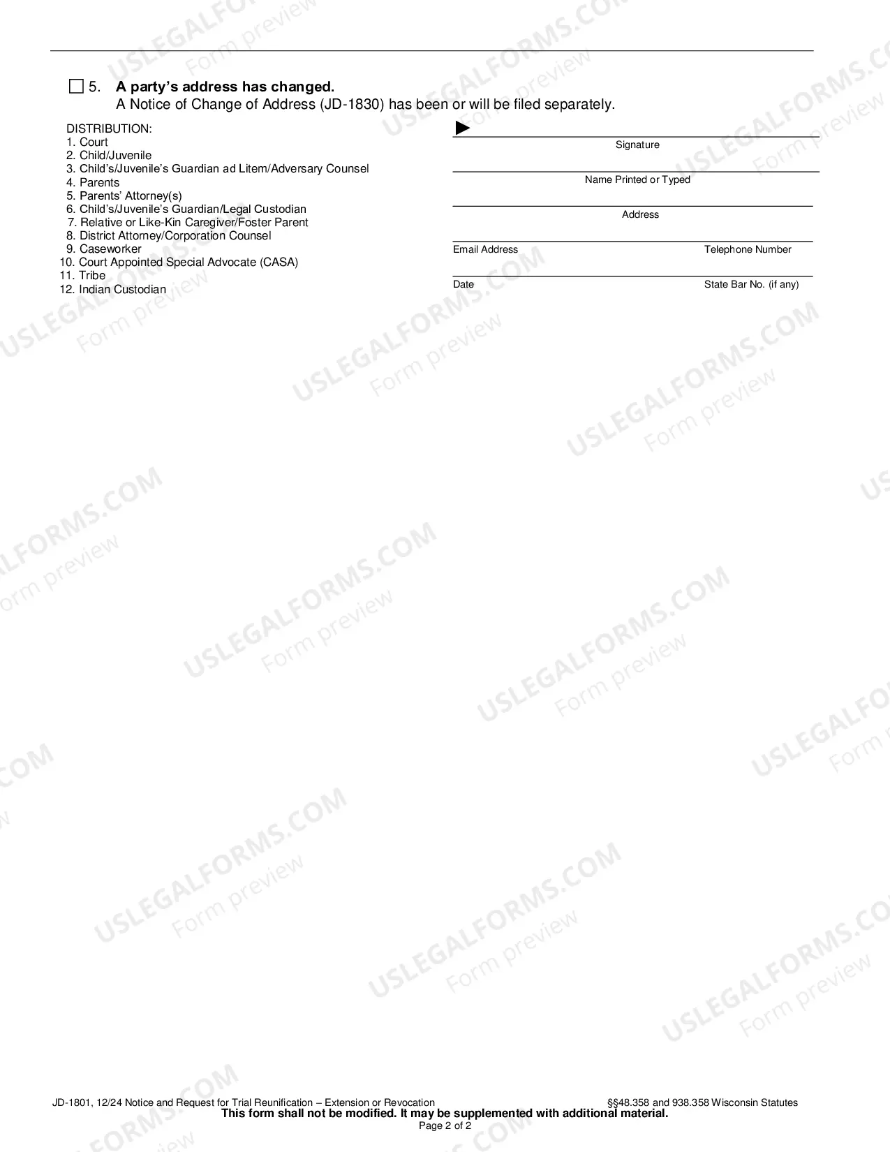 Preview Notice and Request for Trial Reunification, Extension of Trial Reunification or Revocation of Trial Reunification