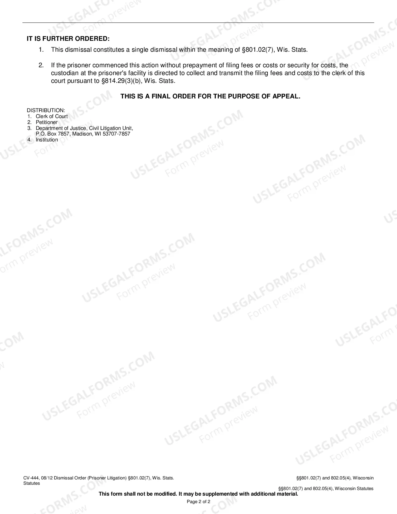 Preview Dismissal Order (Prisoner Litigation) Under 801.02(7)(d)
