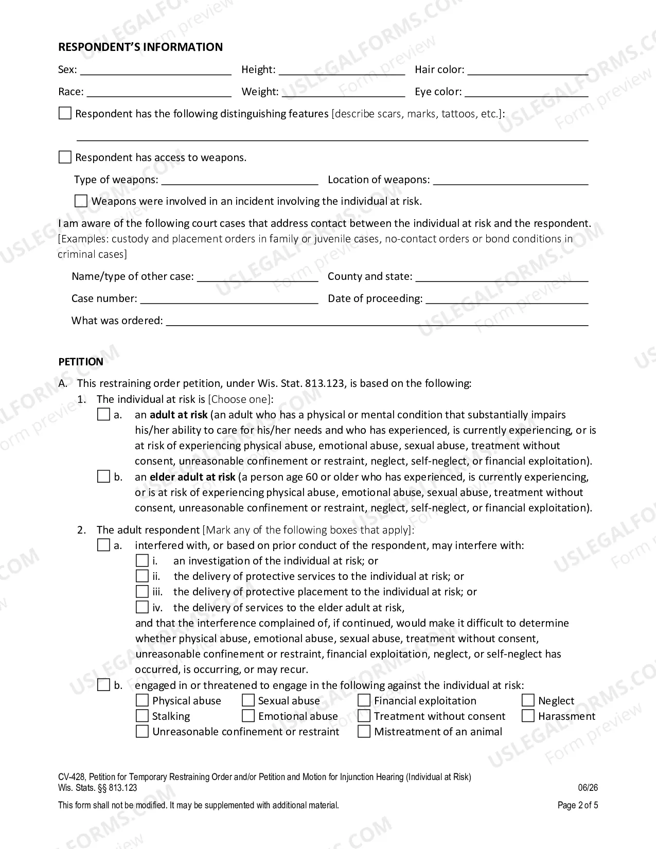Preview Petition for Temporary Restraining Order and/or Injunction (Individual at Risk)