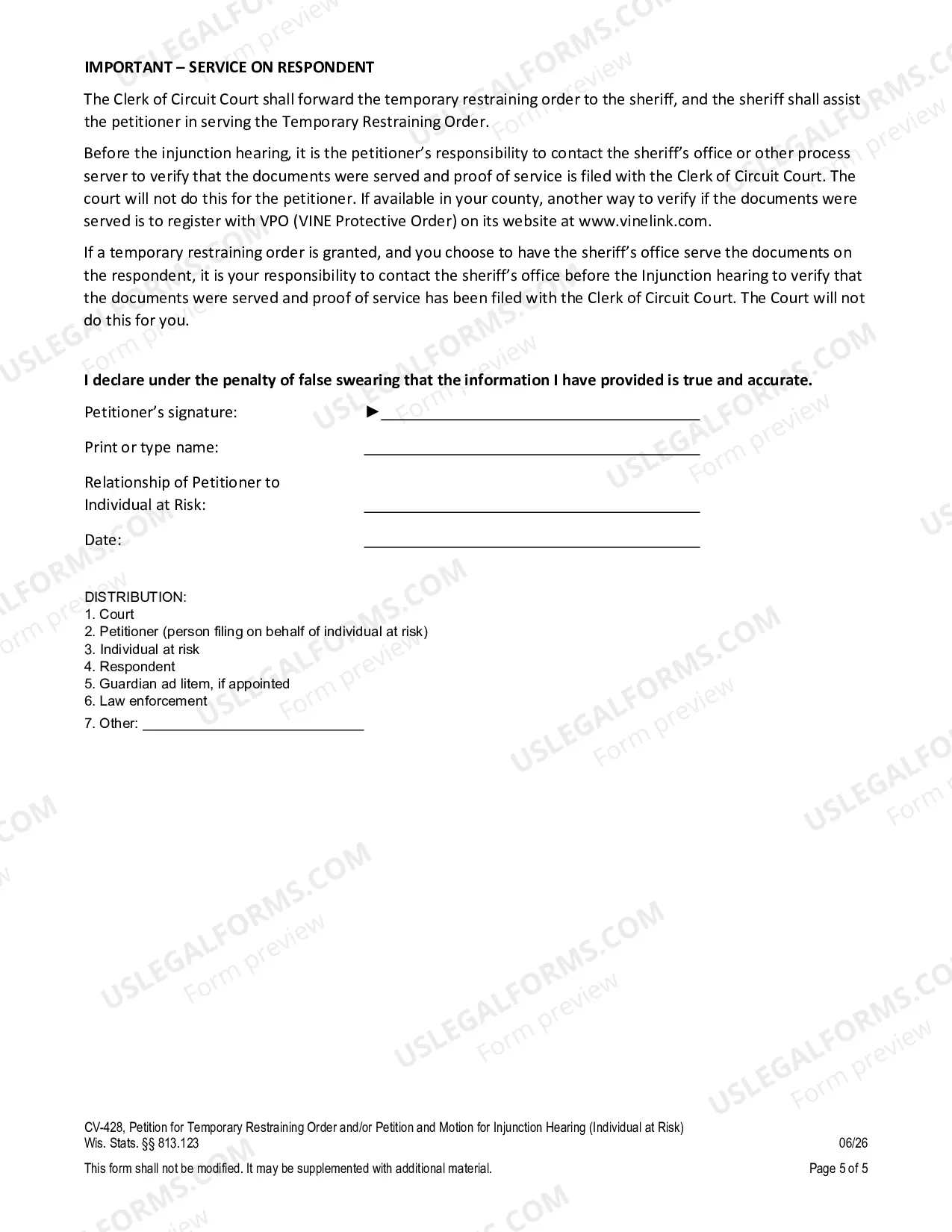 Preview Petition for Temporary Restraining Order and/or Injunction (Individual at Risk)