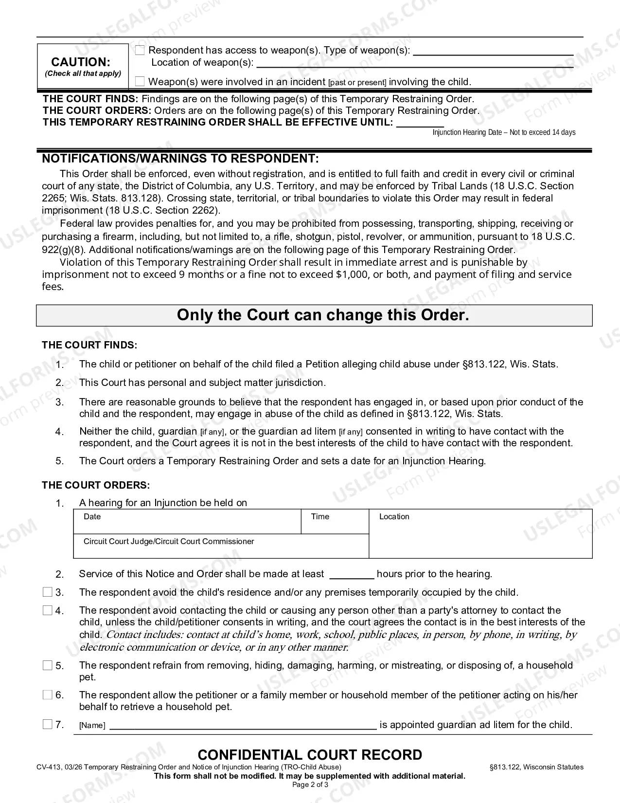 Preview Temporary Restraining Order and Notice of Injunction Hearing (Child Abuse)