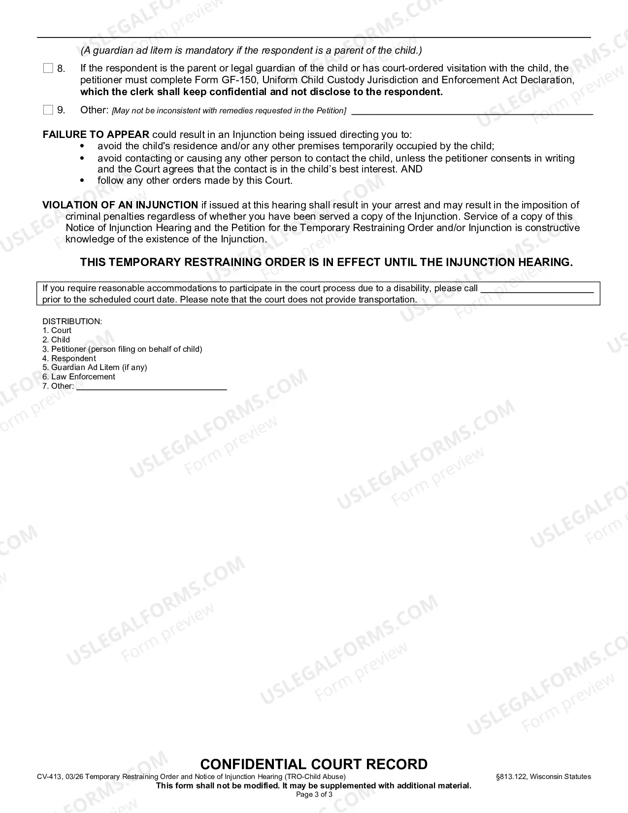 Preview Temporary Restraining Order and Notice of Injunction Hearing (Child Abuse)